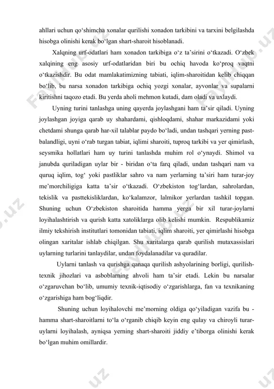 zgarishiga ham bog‘liqdir. shuning uchun loyihalovchi me’morning oldiga qo‘yiladigan vazifa bu - hamma shart-sharoitlarni to‘la o‘rganib chiqib keyin eng qulay va chiroyli turar- uylarni loyihalash, ayniqsa yerning shart-sharoiti jiddiy e’tiborga olinishi kerak bo‘lgan muhim omillardir. turar-joylarning tasnifi turar uy-joylar o‘zining har xil xususiyatlariga qarab quyidagilarga bo‘linadi. (rasm) rasm. turar-joy binolarining xillari: - qishloq tipidagi hovlili uylar; 10 - qariyalar uyi; - shahar tipidagi hovlili uylar; 11 - kommunal mehmonxonalar; - kam qavatli uylar; 12 - turistlar mehmonxonasi; - o‘rta qavatli uylar; 13 - tranzit mehmonxonalar; - ko‘p qavatli uylar; 14 - yil bo‘yi dam olish uylari; - baland qavatli uylar; 15 - mavsumiy dam olish uylari; - bolalar internati; 16 - kundalik dam olish uylari; - yoshlar yotoqxonasi; 17 – pansionatlar. 9 - yosh oilalar yotoqxonasi; а) aholini joylashtirish usuliga qarab uy-joylar ikki guruhga bo‘linadi: 1. xonadonlarga bo‘lingan uy joylar, bular oilalarni alohida xonadonlarga joylashtirishga mo‘ljallangan bo‘ladi. 2. xonalarga bo‘lingan …