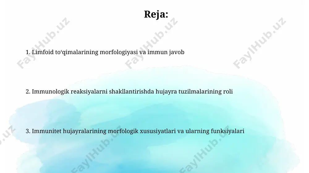 ra asta-sekin kamayib, qarilik davrida atrofiya hodisasi kuzatiladi, bu esa immunitetning zaiflashishiga olib kelishi mumkin. allergiya reaksiyalari va ularning morfologik ifodasi ii turdagi gipersezgirlik reaksiyalari, masalan, otoimmun gemolitik anemiya, hujayra yuzasidagi antijenlarga qarshi igg yoki igm antitellarining birikishi natijasida 2-4 soat ichida komplement sistemasini faollashtiradi va hujayralarning lizisi bilan tavsiflanadi. iii turdagi gipersezgirlik reaksiyalari, masalan, serum kasalligi, immun komplekslarning to'qimalarda cho'kishi bilan namoyon bo'ladi, bu esa yallig'lanish, neytrofillar infiltratsiyasi va 6-8 soat ichida komplementning faollasha olishiga olib keladi. suyak ko'migi va gematopoez suyak ko'migida 10¹² dan ortiq gematopoetik postkichkalar joylashgan bo'lib, ular eritrotsitlar, leykotsitlar va trombotsitlarning doimiy yangilanishini ta'minlaydi. gemopoez jarayonida 20 dan ortiq turli hujayralar, shu jumladan, immun javobda muhim rol o'ynaydigan t va v limfotsitlar hosil bo'ladi. talasha bezlari va ularning roli talash bezlari limfotsitlarning, jumladan, t- va b- hujayralarning, yetuklashuvi va ko'payishi uchun muhim joy hisoblanib, immunitet javobining 70% gacha qismini ta'minlaydi. talash bezlarida antigen taqdimotchi hujayralar …