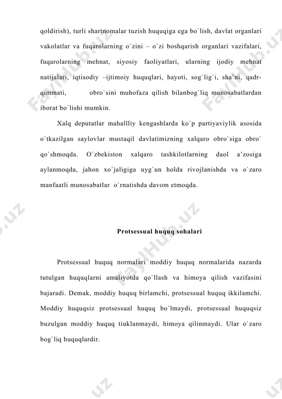ratadi. referendum qarorlariga muvofiq “referendum yakunlari hamda davlat hokimiyatini tashkil etilishining asosiy prinsiplari to`g`risida”gi “o`zbekiston respublikasi oliy majlisining qonunchilik palatasi to`g`risida”gi konstitutsiyaviy qonunlar qabul qilingan bo`lib, ular o`zbekiston respublikasining konstitutsiyasiga tegishli o`zgartishlar va qo`shimchalar kiritish uchun asos soldi. o`zbekiston respublikasi oliy majlisining 2003-yil 24-aprel kuni qabul qilgan “o`zbekiston respublikasining konstitutsiyasiga o`zgartishlash va qo`shimchalar kiritish to`g`risida”gi qonunga muvofiq, o`zbekiston respublikasining konstitutsiyasi moddalari normalariga iritilgan ushbu o`zgartishlarga asosan, uning 5-bo`limi xviii-xx, xxiii boblariga taalluqli hamda kelgusi chaqiriqda o`zbekiston respublikasining ikki palatali parlamentini saylash va o`zbekiston respublikasi prezidentining konstitutsiyaviy vakolat muddatini 5-yilda 7 yillik qilib o`zgartirish to`g`risidagi va boshqa masalalar hal qilindi. amaldagi huquq normalarning o`zaro uyg`unligi. amaldagi huquq normalarning o`zaro uzviy uyg`unligi quydagi holatlarda: a) ishtimoiy munosabatlarni huquqiy tartibga solishning asosiy tamoinlari o`zaro mantiqiy bog`liq bo`lishi; b) umumiy – asosiy (masalan konstitutsiyaviy) huquq normalarining boshqa huquq normalrida o`z aksini tog`ri va aniq topgan bo`lishi; s) qonun hujjatlarining har xil yurudik kuchga ega …