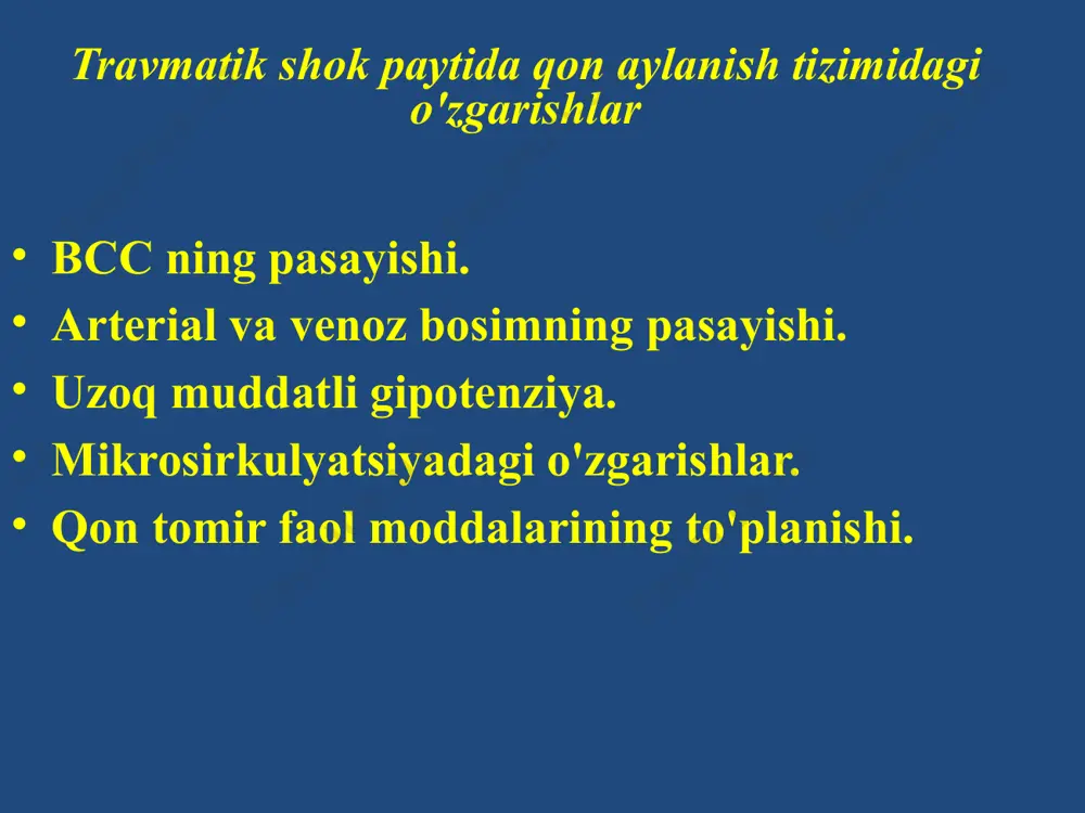 siqilish sindromi 1. engil daraja - bir a'zoning yoki uning bir qismini 4 soatdan kamroq vaqt davomida siqish 2. o'rtacha zo'ravonlik - 1 oyoq-qo'lning 6 soatgacha bo'lgan siqilishi 3. og'ir - bir oyoq-qo'lning 6 soatdan ortiq yoki 2 a'zoning 6 soatgacha siqilishi 4. o'ta og'ir - 2 oyoq-qo'lning 6 soatdan ortiq siqilishi xulosa: 1. har qanday etiologiyaning travmatik shoki urush davrida o'limning asosiy sababidir. 2. birinchi va malakali tibbiy yordam ko'rsatish bosqichida travmatik shok va cho'zilgan ezilish sindromini o'z vaqtida tashxislash va davolash jarohatlarda o'limni kamaytirishning asosiy omillari hisoblanadi. /docprops/thumbnail.jpeg