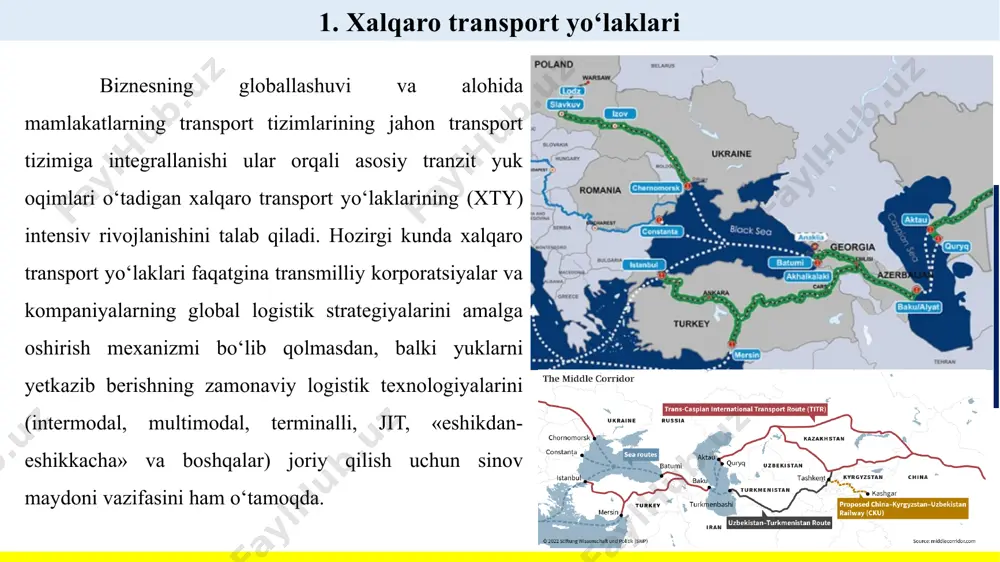 lakatlar xalqaro transport yo‘laklari o‘zining hududi orqali o‘tishiga erishishga intilmoqdalar. 1. xalqaro transport yo‘laklari davlat katta transport-tranzit salohiyat-ini namoyon qilmoqda, modernizatsiyalash va qurilish ko‘lamlari ham, xorijiy investorlarning o‘zbekiston bilan ham-korlik qilishga bo‘lgan qiziqishlarini ortib bora-yotganligi ham shundan dalolat berib turibdi. 2. o‘zbekistonning transport yo‘laklari 2. o‘zbekistonning transport yo‘laklari 2. o‘zbekistonning transport yo‘laklari 2. o‘zbekistonning transport yo‘laklari 2. o‘zbekistonning transport yo‘laklari 2. o‘zbekistonning transport yo‘laklari 2. o‘zbekistonning transport yo‘laklari 2. o‘zbekistonning transport yo‘laklari 2. o‘zbekistonning transport yo‘laklari 2. o‘zbekistonning transport yo‘laklari 2. o‘zbekistonning transport yo‘laklari 3. transport-logistika servisining zamonaviy amaliyoti transport-logistika servisining zamonaviy amaliyoti o‘zbekistonda yuk oqimlarini boshqarishning tovar harakatining terminalli texnologiyalari va logistika tamoyillariga asoslanadigan mutlaqo yangi tizimini joriy qilishni talab qiladi. o‘zbekistonda mintaqaviy transport-logistika tizimi (mtlt) tarkibida xalqaro transport yo‘laklarini logistik kuzatib borish bir qator masalalarni hal qilish imkonini beradi. mintaqalarda ijtimoiy-iqtisodiy masalalarning hal qilinishi; yangi ish o‘rinlarini yaratish va investitsiyalarni jalb qilish hisobiga aholining bandlik darajasini oshirish; mtltning …