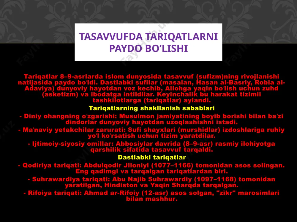 turli burchaklaridan minglab kishilarni jalb qiladi. naqshbandiya va yassaviya tariqatlari yassaviya tariqati — tasavvufdagi eng muhim tariqatlardan biri bo‘lib, xii asrda o‘rta osiyoda xoja ahmad yassaviy tomonidan asos solingan. bu tariqat turkiy xalqlar orasida islomning keng tarqalishida va tasavvuf g‘oyalarini ommalashtirishda katta rol o‘ynagan. yassaviya tariqati ahmad yassaviyning ruhiy ta’limotlari va she’riy merosi, xususan, “devoni hikmat” asariga asoslanadi. tariqatning paydo bo‘lishi va tarqalishi yassaviya tariqati turkiston (hozirgi qozog‘istonning janubiy qismi) hududida shakllangan va keyinchalik movarounnahr, xuroson, farg‘ona vodiysi hamda turkiy xalqlar yashagan boshqa hududlarga yoyilgan. ahmad yassaviy bu tariqatni o‘zining ustozi yusuf hamadoniy ta’limotlari asosida rivojlantirgan. tariqatning dastlabki izdoshlari orasida oddiy xalq, ko‘chmanchilar va shahar aholisi bo‘lgan, bu esa uning keng qamrovli ekanligini ko‘rsatadi. keyingi asrlarda yassaviya ta’limoti oltin o‘rda davlati hududlariga ham tarqaldi va turkiy madaniyatga chuqur ta’sir ko‘rsatdi. asosiy xususiyatlari yassaviya tariqati “zahriy tariqat” deb ham ataladi, chunki unda zikr (allohni eslash) baland ovozda ijro etiladi. bu “ara …