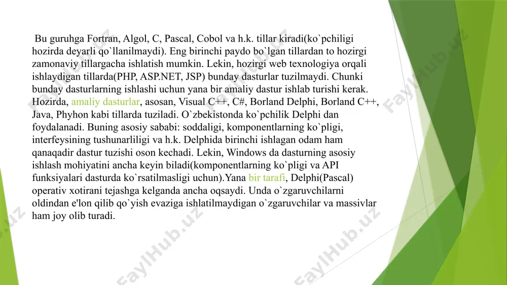 ilishdi. java obyektga yo'naltirilgan dasturlash(oop-object oriented programming) tili va u c++ ga ancha o'xshash.eng ko'p yo'l qo'yildigan xatolarga sabab bo'luvchi qismalari olib tashlanib, java dasturlash tili ancha soddalashtirildi. image1.jpeg image2.png image3.jpeg image4.jpeg