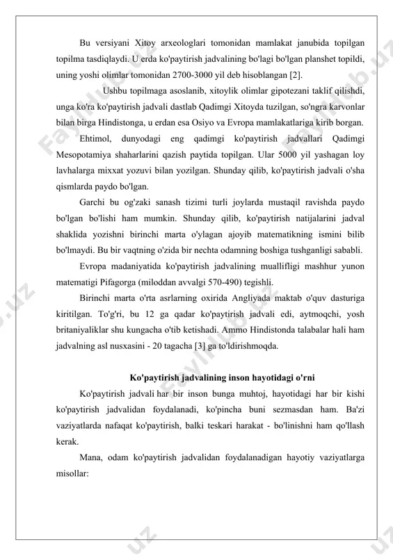 r, duradgor, sotuvchi, o'qituvchi, quruvchi va boshqalar). 3. kundalik hayotda: · kvartirada xonalarning maydonini aniqlash · devorlar, shiftlar, pollarni ta'mirlash uchun materiallarni hisoblash (kerakli miqdordagi devor qog'ozi, bo'yoq miqdori) · kommunal xizmatlar uchun to'lov · do'konda xarid narxini hisoblash va boshqalar. · moliyaviy ahvolingizni baholang qisqa ko`paytirish formullari berilishi va nomlanishi qisqa ko`paytirish formullari berilishi va nomlanishi 1. yig'indining kvadrati: (a+b)²=a²+2ab+b² 2. ayirmaning kvadrati: (a-b)²=a²-2ab+b² 3. kvadratlar ayirmasi: a²-b²=(a-b)(a+b) 4. yig'indining kubi: (a+b)³=a³+3a²b+3ab²+b³ 5. ayirmaning kubi: (a-b)³=a³-3a²b+3ab²-b³ 6. kublar yig'indisi: 6. kublar yig'indisi: a³+b³=(a+b)(a²-ab+b²) 7. kublar ayirmasi: a³-b³=(a-b)(a²+ab+b²) 8. yig'indi va ayirmaning kvadratlari formulalaridan a²+b²=(a+b)²-2ab yoki a²+b²=(a-b)²+2ab ni hosil qilish mumkin. n - musbat juft son uchun: n - musbat juft son uchun: n - musbat toq son uchun: nyuton binomi formulasi: ayirmaning kubi ayirmaning kubi isbot: (a-b)3 = (a-b)(a-b)2 = (a-b)(a2-2ab+b2) = = a3-2a2b+ab2-a2b+2ab2-b3 = a3-3a2b +3ab2-b3 yig’indining kubi yig’indining kubi isbot: ko’phadni guruhlash usuli bilan ko’paytuvchilarga ajratish uchun: …