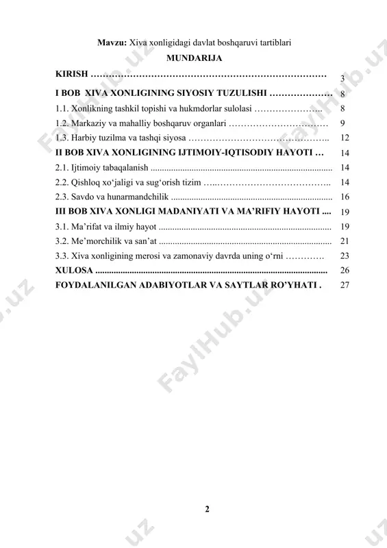 bekistonning qadimiy va tarixiy hududlaridan biri bo'lib, o'zining siyosiy, ijtimoiy, iqtisodiy va madaniy jihatdan o'ziga xos o'ziga xos o'rin tutadi. xiva xonligi, xvi asrning boshlarida xorazmda tashkil topgan bo'lib, uning davlati hududi o'z vaqtida markaziy osiyoda muhim siyosiy va iqtisodiy markazlardan biri bo'lgan. xiva xonligining davlat boshqaruvi, boshqarishmoqda, siyosiy hokimiyati, ijtimoiy-iqtisodiy hayoti va madaniy merosi bugungi kunda ham tarixshunoslar va siyosatshunoslar tomonidan o'rganilib kelinmoqda. xiva boshqaruv jarayoni, uning tashkil topishi, tuzilishi va davlat boshqaruvining o'ziga xos xususiyatlari o'sha davrning ijtimoiy va iqtisodiy hayotini, holati, o'rni va ahamiyatini aniqlashda muhim korxona ega. xivaligining siyosiy boshqaruvi, uning hukmdorlari, davlat organlari va harbiy tuzilmasi, tashkiliy tuzilmasi, tashkilotda siyosati ushbu ish keng yoritiladi. kurs ishi dolzarbligi - xiva xonligining davlat boshqaruvi tizimi va uning tarixiy rivojlangan o'zining ahamiyatini hozirgi zamon kontekstida ham yo'qotmagan. xiva xonligi markaziy osiyoda barqaror iqtisodiy va iqtisodiy vaziyatga ega bo'lib, uning davlat boshqaruvi tizimi, ijtimoiy-iqtisodiy va madaniy tarixiy o'rganish nuqtai …