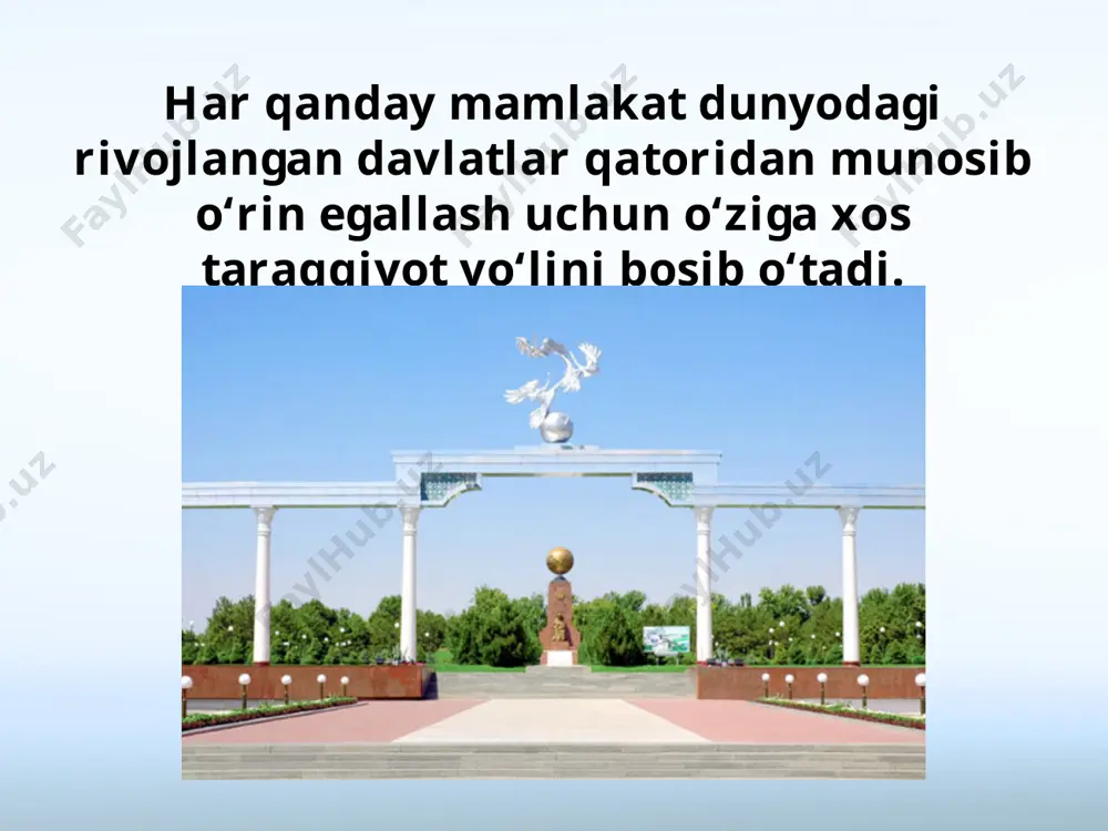 hammaning qonun oldida tengligini, shu asosda yangi jamiyatning huquqiy asoslarini mustahkamlashni nazarda tutadi. yurtimizda islohotlarni amalga oshirishda yangi-yangi qonunlar qabul qilinib, mustahkam huquqiy poydevor yaratilmoqda va ularning ijrosi ta’minlanmoqda. aynan shu model tufayli biz murakkab o‘tish davrida ortiqcha talafotlarga yo‘l qo‘ymadik, xalqimizni ijtimoiy jihatdan kuchli himoyalab, mustaqil rivojlanish yo‘lida katta yutuq va marralarga erishdik. savol va topshiriqlar: 1. taraqqiyot yo‘li va modeli deb nimaga aytiladi? 2. o‘zbek modeli kim tomonidan ishlab chiqilgan? 3. vatanimizning strategik yo‘li qanday maqsadga qaratilgan? 4. «shok terapiyasi» deganda nimani tushunasiz? 5. o‘zbek modelining asosiy ma’no-mazmuni nimadan iborat? 6. o‘zbek modelining asosini tashkil etadigan besh tamoyilni sanab bering. 7. o‘zbek modelida muhim o‘rin tutadigan yana qanday tamoyillarni bilasiz? image2.jpeg image3.jpeg image4.jpeg image5.jpeg image6.jpeg image7.jpeg image8.jpeg image9.jpeg image10.jpeg image11.jpeg image12.jpeg image13.jpeg image14.jpeg image15.jpeg image16.emf image17.jpeg image18.jpeg image19.emf image1.jpeg
