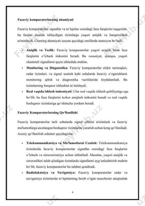 zaviy komparatorlar sanoat jarayonlari va avtomatlashtirishda, ayniqsa yuqori aniqlik talab qilinadigan jarayonlarda nazorat elementlari sifatida qo‘llaniladi. fazaviy komparatorlardan foydalanishning afzalliklari fazaviy komparatorlardan foydalanish orqali quyidagi afzalliklarga erishish mumkin: · barqarorlikni oshiradi: fazaviy komparatorlar elektr tarmoqlari, navigatsiya va boshqa tizimlarda ishlash barqarorligini oshiradi. · sinxronlik va aniqlik: sinxronizatsiya talab qilinadigan tizimlarda fazaviy komparatorlar yuqori aniqlik va tezkorlik bilan ishlaydi. · resurslar sarfini kamaytiradi: yuqori aniqlik bilan ishlashi tufayli energiya va resurslarni tejash imkonini beradi, bu esa tizim samaradorligini oshiradi. kelajakda fazaviy komparatorlarning rivoji zamonaviy texnologiyalarning rivojlanishi bilan fazaviy komparatorlar yanada takomillashtirilmoqda. kelajakda bu qurilmalar sun'iy intellekt va algoritmlarga asoslangan tizimlar bilan birlashib, yanada aqlli va o‘z-o‘zini o‘rganuvchi fazaviy komparatorlar yaratilishi kutilmoqda. bu esa ularni keng ko‘lamli texnologik sohalarda, jumladan, 5g va 6g tarmoqlari, iot, va yuqori aniqlik talab qiluvchi raqamli texnologiyalarda qo‘llanilishiga zamin yaratadi. fazaviy komparatorlar bugungi texnologik dunyoda yuqori aniqlik va tezlik talab qilinadigan turli sohalarda juda muhim ahamiyat kasb …