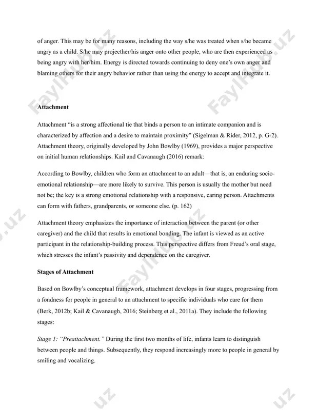 into the sources of her/his own conflicts. 6. projection projection involves the process by which the person attributes unacceptable internal thoughts, feelings, and behaviors to other people or the environment. it thus enables a person to blame someone or something else for his/her own shortcomings. the individual is unable to accept her/his more difficult feelings and so unconsciously projects them onto another person. an example of projection is a person who has difficulty in recognizing and accepting her/his feelings of anger. this may be for many reasons, including the way s/he was treated when s/he became angry as a child. s/he may projecther/his anger onto other people, who are then experienced as being angry with her/him. energy is directed towards continuing to deny one’s own anger and blaming others for their angry behavior rather than using the energy to accept and integrate it. ﻿attachment attachment “is a strong affectional tie …