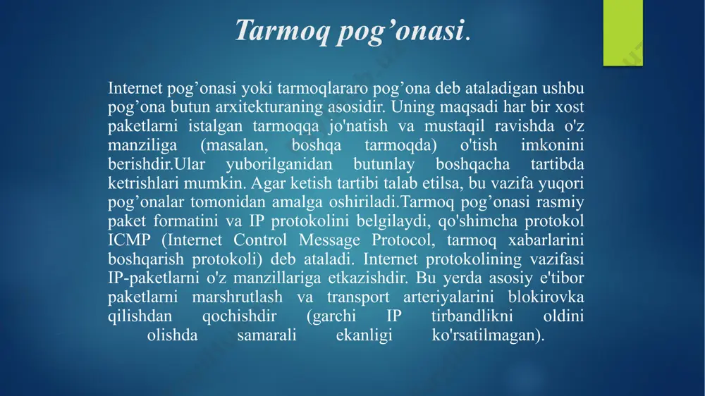 amda saqlanadigan ma'lumotlar bit shaklida bo'ladi. bitta tugundan ikkinchisiga individual bitlar ushbu qatlam yordamida uzatiladi. ushbu qatlam tomonidan olingan ma'lumotlar 0 va 1 sonlariga aylantiriladi va u ma'lumotlar havolasi qatlamiga o'tkaziladi. kanal pog`onasi tarmoq pog`onasi 2-kanal qatlami xabarni tugunga etkazish tugmachasi ma'lumotlar havolasi qatlami tufayli mumkin. ushbu qatlam ma'lumotlarni uzatish fizik qatlam ustida bir tugundan ikkinchisiga xatosiz o'tishiga ishonch hosil qiladi. ma'lumotlar to'plami kelganida tarmoqqa ma'lumotlar uzatish qatlami uni mac-manzilidan foydalanib xostga uzatish uchun javobgardir. 3-tarmoq qatlami. paketlarni bir nechta tarmoqlar (havolalar) orqali manbadan manzilga etkazib berish tarmoq sathi uchun javobgardir. ikkala tizim ham bir xil havolaga ulanganda tarmoq qatlami kerak emas. garchi, ikkita tizim turli xil tarmoqlarga ulangan bo'lsa, bu ma'lumotlar bir xostdan boshqasiga uzatilishini ta'minlashi uchun talab qilinadi. ushbu qatlamni amalga oshirish uchun yo'riqnoma kabi tarmoq qurilmalari ishlatiladi. pog’onalari va ularning vazifasi. tcp/ip protokollari steki modeli 4 ta pog’onadan iborat (rfc 1122):tarmoq interfeyslari (kanal) pog’onasi, tarmoq pog’onasi,transport pog’onasi,amaliy …