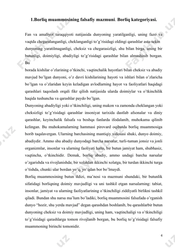 bilishga kirishadilar. ular o’zlari ham dunyodagi turli-tuman narsalardan va ularda amal qiladigan qonuniyatlardan foydalangan holda turli-tuman narsa va hodisalarni yangidan yaratib, ulardan o’z hayotlarida foydalanadilar. shu bilan birga, kishilar o’z kundalik amaliy, ijtimoiy faoliyatlarida dunyodagi narsa va hodisalar bilan, o’zlarini qurshab turgan tabiat va jamiyat bilan ham muayyan munosabatlarda bo’lib, dunyodagi mavjud narsa va hodisalarning ba’zilari ular ongidan, xohish-irodasidan tashqarida, ularga bog’liq bo’lmagan holda mavjud ekanligiga, boshqa narsa va hodisalar esa ularga, ular ongiga, xohish va irodalariga bog’liq holda mavjud bo’lishiga ishonch hosil qilib borganlar. ular bu jarayonlarda tabiat bilan jamiyat, o’zlari bilan o’zgalar, inson bilan tabiat, inson bilan jamiyat, inson bilan uning ongi, inson bilan inson, moddiy narsalar bilan ma’naviy narsalar, tana bilan jon (ruh) o’rtasida umumiy birlik, aloqadorliklarni aniqlash bilan birga, ular o’rtasida muhim farqlar borligini ham bilib borganlar. bora-bora ular insonlarning o’zida ham tana bilan ruh (jon), tabiiylik bilan ijtimoiylik bir-biridan ajralmagan holda mavjudligini, birligini ham bila …