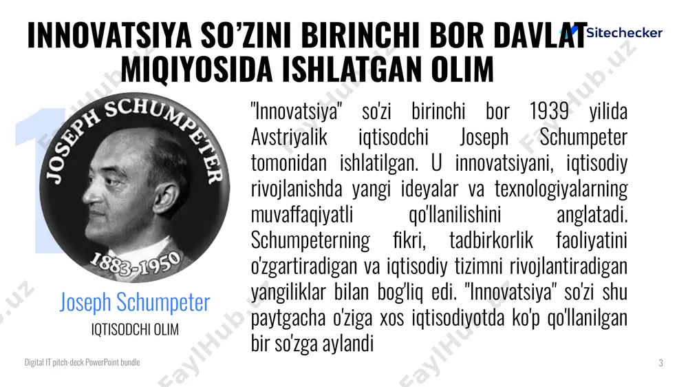 rol o'ynaydi. quyidagi sabablar innovatsiya siyosatining davlat uchun moxiyati ko'rsatiladi: iqtisodiy rivojlanish: innovatsiya, yangi mahsulotlar va xizmatlar yaratish, ishlab chiqarish usullarini rivojlantirish va yangi bozorlar ochish orqali davlatning iqtisodiy rivojlanishini ta'minlaydi. innovatsiyalar, yangi biznes sohalarini yaratish va mehnat bilan ko'rsatiladigan efektivlikni oshirish imkoniyatlarini yaratish orqali daromad oshirishga yordam beradi. rivojlanayotgan sohalarda muvaffaqiyat: innovatsiyalar, yangi sohalarda bo'lgan rivojlanishni oshiradi va davlatni xalqaro tashkilotlar va tijoratlar o'rtasida muvaffaqiyatga olib kelishi uchun asosiy rol bo'ladi. rivojlanayotgan sohalarda innovatsiya siyosati bilan bog'liq boshqa davlatlar bilan hamkorliklar tuzilishi va yangi hamkorliklar o'rnatilishi mumkin. texnologik rivojlanish va ish joylarining rivojlantirilishi: innovatsiya, yangi texnologiyalar va ish joylarini rivojlantirishda juda qo’l keladi. bu, davlatning korxona va soha boshqaruvini yaxshilash, ish o'rinlarini va yaxshi shart-sharoitlarni yaratishni o'z ichiga oladi. digital it pitch-deck powerpoint bundle xalq bilan tashqi munosabatlar o'rnatish: innovatsiya siyosati, xalqning qatnashishi va fikrlashishi uchun imkoniyatlar yaratadi. xalq bilan o'zaro munosabatlar o'rnatilishi, xalqning innovatsiyalarni o'rganish va ulardan foydalanishga …