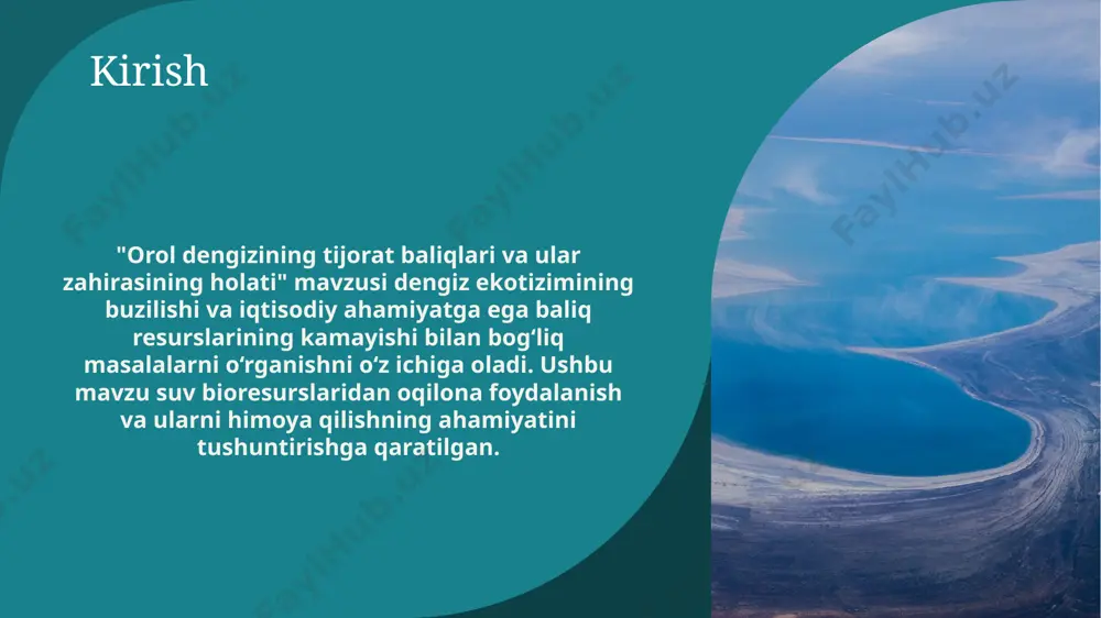 biologik resurslarni muhofaza qilish va atrof-muhitni asrash bo‘yicha ko‘plab tadbirlar amalga oshirilmoqda. foydalanilgan adabiyotlar: shamsiev, a. (2021). orol dengizining ekologiyasi va baliqchilik resurslarini boshqarish. tashkent: o‘zbekiston fanlar akademiyasi. ushbu kitob orol dengizining ekologik holati va baliqchilik resurslarini boshqarishning ilmiy asoslari haqida batafsil ma'lumot beradi. davletov, b. (2020). suv resurslari va baliqchilik: orol dengizining ekologik inqirozi. nukus: qoraqalpog‘iston davlat universiteti. kitobda orol dengizining sho‘rlanishi va baliq resurslarining kamayishi haqida tahliliy qarashlar mavjud. xudoyberdiyev, f. (2022). baliq resurslarini tiklash va boshqarish usullari. tashkent: o‘zbekiston respublikasi suv resurslari vazirligi. bu asar baliqchilikni barqaror boshqarish va baliq resurslarini tiklash bo‘yicha yondashuvlar va amaliyotlarni o‘rganadi. foydalanilgan saytlar: global environment facility (gef) veb-sayt: https://www.thegef.org food and agriculture organization (fao) veb-sayt: http://www.fao.org 16 e’tiboringiz uchun raxmat tayorladi: o’rinova m image1.png image2.jpg image3.jpeg image4.jpeg image5.jpeg image6.jpeg image7.jpg image8.jpeg image9.jpeg image10.jpeg image11.jpg image12.jpeg aral-sea-side-byside /docprops/thumbnail.jpeg