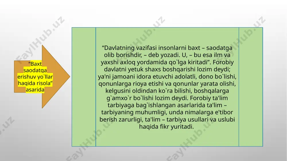 molikdir. forobiyning ta'lim-tarbiya yo`llari, usullari vositalri haqidagi qarashlari ham qimmatlidir. u insonda go`zal fazilatlar ikki yo`l – ta'lim va tarbiya yo`li bilan hosil qilinadi. ta'lim nazariy fazilatlarini birlashtirsa, tarbiya esa tug`ma fazilat – nazariy bilimlar va amaliy kasb hunar, xulq odob fazilatlarini birlashtiradi. ta'lim so`z va o`rganish bilan tarbiya esa amaliy ish, tajriba bilan amalga oshiriladi, deydi. har ikkalasi birlashsa yetuklik namoyon bo`ladi, ammo bu yetuklik bilim va amaliy ko`nikmalarni qay darajada o`rganganligiga qarab paydo bo`ladi, deb ko`rsatadi. forobiy ta'limda barcha fanlarning nazariy asoslari o`rganilsa, tarbiyada ma'naviy-axloqiy qoidalar, odob me'yorlari o`rganiladi, kasb hunarga oid malakalar hosil qilinadi, deb uqtiradi. bu muhim vazifa tajribali tarbiyachilar tomonidan ta'lim-tarbiyaning turli metodlari yordamida amalga oshiriladi. forobiy ta'lim-tarbiya ishlarini ikki yo`l bilan amalga oshirishni nazarda tutadi. xulosa qilib aytganda forobiy pedagogik ta'limotining asosida komil insonni shakllantirish, insonni o`z mohiyati bilan ijtimoiy, ya'ni faqat jamiyatda, o`zaro munosabatlar jarayonida komillikka erishadi, degan falsafiy qarashi yotadi. insonning kamolga …