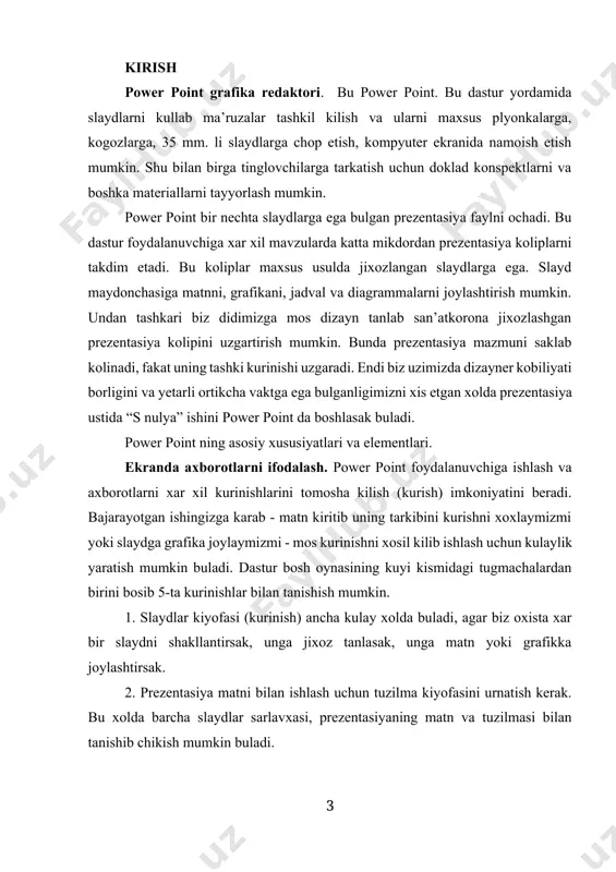 lasak, unga matn yoki grafikka joylashtirsak. 2. prezentasiya matni bilan ishlash uchun tuzilma kiyofasini urnatish kerak. bu xolda barcha slaydlar sarlavxasi, prezentasiyaning matn va tuzilmasi bilan tanishib chikish mumkin buladi. 3. slaydlarni saralovchi kiyofasi slaydlarni ekrandagi muddatli boshlash uchun juda kulaydir. bundan tashkari bu rejimda slaydlarni almashtirish mumkin. 4. £ayd (belgilar) kiyofasi dokladlarga belgilar kuyish uchun ishlatiladi. 5. namoyish bajarilgan shuning natijasini kurishda ishlatiladi. bu rejimda slaydlar navbati bilan ekranga chikariladi. kerakli kiyofani kurish uchun vid menyusidagi komandadan foydalanish mukin. namunalar bilan ishlash. prezentasiya kiyofasini yaxshilash uchun uning barcha slaydlarini bir maromda jixozlash kerak. bundan tashkari xamma slaydlarga bittagina dizayn elementini joylashtirish uchun zaruriyat paydo buladi. shuning uchun power point da barcha slaydlar uchun bir xilda jixozlash imkoniyati mavjud. bu namunalar bilan ishlash rejimida amalga oshiriladi. bu rejimga kirish uchun vid menyusidan “obrazes” komandasini chakirish darkor. menyuda slaydlar uchun “obrazes slaydov” va “obrazes zagolovkov” komandalari kursatilgan. ikkinchi komanda titul slaydlarning …