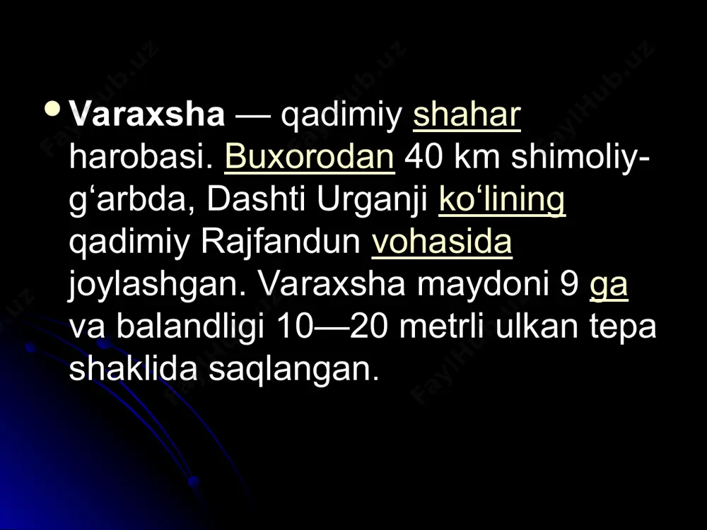 gan qabartma ganchkori naqshlar orasida hovuzda suzib yurgan baliqlar, yelkasidan oʻq yegan arhar, yelib borayotgan jayran, bedanalar, ayol boshli baxt qushi — humo, hamlaga tayyorlanayotgan ajdarho, taqimiga sadoq bogʻlagan suvoriy hamda koʻpdan-koʻp ayollarning bosh qismlari bilan bir qatorda turli xil islimiy va girih parchalari uchraydi. varaxsha — qadimgi shahar xarobasi. buxorodan 40 km shimoli-g‘arbda, dashti urganji ko‘lining qadimgi ranjfandun vohasida joylashgan. varaxsha maydoni 9 ga va balandligi 10-20 metrli ulkan tepa shaklida saqlangan. arxeologik qazishmalardan ma’lum bo‘lishicha, varaxsha mil. avv. ii asrda bir-biriga tutashgan bir nechta istehkomli qishloqlar tarzida qad ko‘targan. varaxsha xarobalarining shimoli-g‘arbida qadimgi qo‘rg‘onlardan birining tashqi devori hamda yarim doira shaklidagi burji (ichki sahni 4,5x5 m) kavlab o‘rganilgan. devor (qalinligi 1,8-1,9 m) xom g‘ishtdan (hajmi 37x41x10 sm) qurilgan. devor va burjlarida paykonsimon nishon tuynuklari (ichki tomoni 38-40 sm, tashqarisi 75-80 sm, kengligi 20-22 sm) ochilgan. mil. avv. ii-i asrlarda va milodiy i-ii asrlarda varaxsha va uning atrofida madaniy …