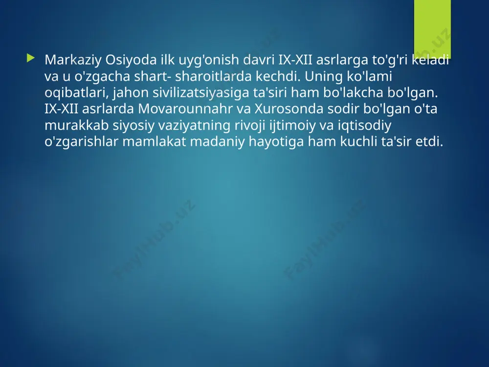 anlar. davlat tizimida madaniyatni yaxshi anglagan ilmli odamlar ko'paydi. xususan devon boshliqlari (vazirlar) hokimlarning ko'pchiligi arab, fors, turkiy tillarni bilgan, dunyoqarashlari keng kishilar edi. ix-xii asrlarda mintaqada ko'p bunyodkorlik ishlari amalga oshirilgan, yangi madrasalar, saroylar, masjidlar, maqbaralar va boshqa noyob me'morchilik inshootlari barpo etilgan. o'lkada ko'plab karvonsaroy, rabotlar, sardobalar qurilgan. buxoro, samarqand, xiva, termiz, marv, shosh, xo'jand, o'sh, andijon kabi shaharlarda turli ilm maskanlari bo'lgan. ko'plab madrasalar ishlab turgan, kutubxonalar, kitob rastalari va bozorlari gavjum bo'lgan. o'lkamizda bu asrlardagi kashfiyotlar va bilimlar ko'p jihatdan hayotiy bo'lib, ijtimoiy ehtiyojni jadal sur'atlarda o'sib borayotgan ijtimoiy-iqtisodiy munosabatlar talabini qondirish, keng ma'noda moddiy va ma'naviy madaniyatning yuksalishi bilan bog'liq bo'lgan. ana shu ehtiyoj o'lkamizda buyuk allomalarning vujudga kelishida, ular ijodining samaralarida namoyon bo'ldi. demak, ix-xii asrlardagi ijtimoiy-siyosiy va iqtisodiy vaziyat mintaqamizda ilm-fan, umuman madaniyatning keng ko'lamda rivojlanishini taqozo qilar edi. bunday sharoitda yuzlab allomalarda davr talabiga javob berib barakali ijod qildilar va ilmning turli …