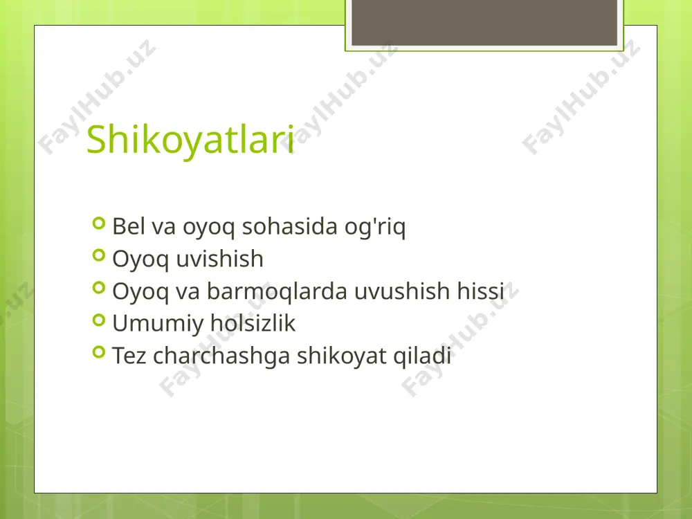 . harakatlari aniq, parez, paralichlar yo'q bosh miya nervlari o'zgarishsiz patologik reflekslar aniqlanmadi. dastlabki diagnoz: bel umurtqalari osteoxondrozi tekshirish rejasi laborator umumiy qon tahlili qon biokimyoviy tahlil siydik tahlili axlat tahlili qon ivish ko'rsatkichi instrumental bo'yin umurtqalari rentgenografiyasi bo'yin sohasi mskt ekg, exokg jigar, taloq uttsi nevrolog konsultatsiyasi siydik tahlili ko'rsatma natija norma miqdori 100ml 100ml rangi somon rangda somon rang tiniqligi tiniq tiniq solishtirma og'irligi 1024 1012-1024 oqsil - - glukoza - - epiteliy 2-4 2-5 eritrosit - - leykotsit 1-2 2-4 axlat tahlili ko'rsatkichlar natija muskul to'qimasi - birik. to'qima 2-3 epiteliy leykosit eritrosit yo'q sodda hayvonlar aniqlanmadi gijja tuxumlari aniqlanmadi instrumental tekshiruv natijalari rentgen: bo'yin umurtqalari osteoxondrozi; ekg: yurak urishi ritmik, ritm sinusli utt( buyrak, siydik pufagi): o'ng buyrak 124×61mm, chap buyrak 125×63mm, konturlari aniq, izoexogen, siydik pufagi o'zgarishsiz. jigar konturlari aniq, chegaralari 9×8×7. klinik diagnoz va uni asoslash bemor shikoyatlari: bel va oyoq sohasida og'riq, zinadan …
