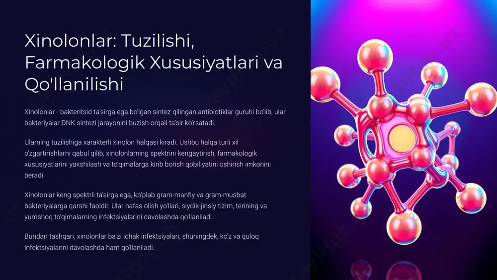 shi faoldir. ular nafas olish yo'llari, siydik-jinsiy tizim, terining va yumshoq to'qimalarning infektsiyalarini davolashda keng qo'llaniladi. 3 nitroimidzaol va nitrofuranlar: tuzilishi, asosiy farmakologik xususiyatlari va qo'llanilishi nitroimidzaol va nitrofuranlar - bu bakteritsid ta'sirga ega bo'lgan antibakterial preparatlar guruhi bo'lib, ular anaerob bakteriyalarga qarshi yuqori faollikka ega. ushbu preparatlarning tuzilishida nitroimidzaol yoki nitrofuran guruhi mavjud bo'lib, bu ularning bakteritsid faolligini ta'minlaydi. ushbu guruhlarga kiruvchi preparatlar bakteriyalar metabolizmini buzish orqali ta'sir ko'rsatadi. ular anaerob bakteriyalarning dnk sintezi jarayonini buzadi, bu ularning o'sishini va ko'payishini to'xtatadi. nitroimidzaol va nitrofuranlar og'iz orqali yaxshi so'riladi va organizmda yaxshi tarqaladi. ular siydik va najas orqali chiqariladi. ushbu preparatlar anaerob bakteriyalar tomonidan keltirib chiqarilgan infektsiyalarni davolashda keng qo'llaniladi, jumladan, absesslar, yallig'lanish, jarohatlar va boshqa infektsiyalarni davolashda samarali bo'ladi. nitroimidzaol nitrofuran 4 sulfanilamidlar: tuzilishi, farmakologik xususiyatlari va qo'llanilishi ta'sir mexanizmi sulfanilamidlar bakteriostatik ta'sirga ega bo'lib, bakteriyalar tomonidan folat kislotasini sintez qilish jarayonini bloklaydi. ular o'zlariga o'xshash folat kislota …