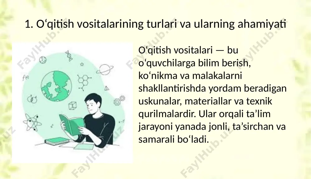 arayonining ajralmas qismi. ularni to‘g‘ri tanlash va metodik asosda qo‘llash o‘quvchilarda chuqur bilim hosil qilish, o‘zlashtirish darajasini oshirish, shuningdek darsga bo‘lgan qiziqishni kuchaytirishga xizmat qiladi. o‘qituvchi o‘z kasbida doimiy yangilikka intilishi, o‘qitish vositalaridan samarali foydalanish ko‘nikmasini rivojlantirishi lozim. foydalanilgan adabiyotlar: axmedova, m., & jo‘raeva, d. (2021). pedagogik texnologiyalar va innovatsion ta’lim metodlari. toshkent: tdpu nashriyoti. to‘raqulov, a. (2020). didaktika: o‘qitish nazariyasi va amaliyoti. toshkent: o‘qituvchi nashriyoti. nishonova, s. (2022). ta’limda axborot-kommunikatsiya texnologiyalari. toshkent: fan va texnologiya. g‘ulomov, s. (2020). zamonaviy pedagogik texnologiyalar asoslari. andijon: andijon davlat universiteti nashriyoti. sultonova, z. (2023). ta’lim jarayonida o‘qitish vositalaridan foydalanish metodikasi. samarqand: pedagogika markazi. image2.png image3.jpeg image4.png image1.png /docprops/thumbnail.jpeg