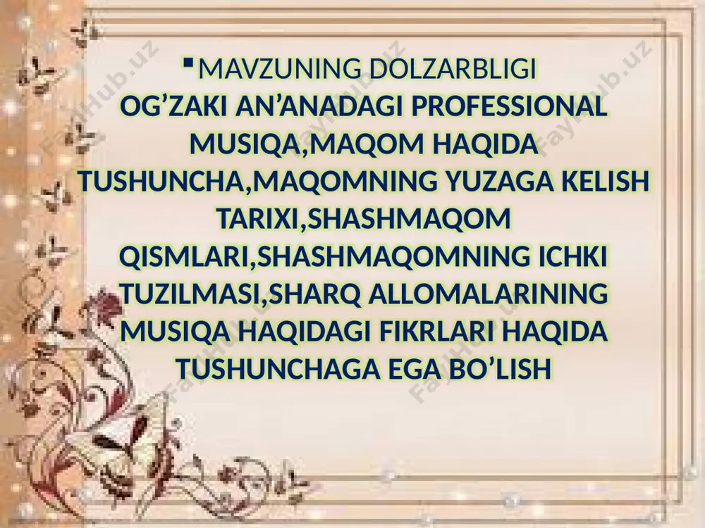 orasida ijod qilingan, keyinchalik ijrochilik maktabida tahsil olib, yillar davomida ustaning saboqlarini olgan shogirdning ijrochilik natijasidir. og'zaki an'anadagi professional musiqa deganda biz albatta maqomlar, murakkab holat rivojlangan qo'shiq va ashulalarni inobatga olamiz. maqom san'ati ko'pchilik sharq xalqlari musiqa namunalari kabi musiqa merosi hisoblanadi. masalan, arablarda «nuba», ozarbayjon xalqlarida «mug'om», afg'oniston xalqida «landay», qozoq, qirg'iz xalqida «kyuy», hind va pokiston xalqlarida «rog» va kashmir maqomlari, o'zbek va tojik xalqlarida maqomlar musiqiy meros bo'lib, asrlar davomida qaror topib kelgan. maqom haqida tushuncha musiqashunos olim i.rajabov maqomlarning nazariy va amaliy asoslarini tahlil qilib, katta ijodiy izlanishlar olib borib, quyidagi fikrlarni bildirgan: «maqomlar ma'lum tartibda yaratilgan turkumli majmua bo'lib, bastakorlik ijodiyotining o'ziga xos sayqal berilgan turidir. maqomlar keng ma'noda xalq musiqasining qomusidir1. albatta maqomlarda2 musiqa va unga xos bo'lgan xususiyatlar, kuy, ohanglar, usul va she'r matni chambarchas bog'langan bo'lib, ijro uslubida bir qator qonun va qoidalar mujassamlashgan. «g'iyos ul-lug'at» qomusining muallifi g'iyosiddin maqom iborasini …