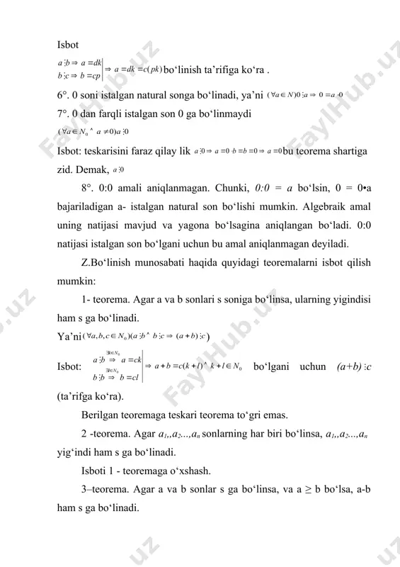 ga uning o‘n lik yozuvi juft raqam bilan tugasa va faqat shu holdagina bo‘linadi. 5 ga 10 ga bo‘linish alomatlari ham shu kabi –keltirib chiqariladi. 5 ga bo‘linish alomati: son 5 ga bo‘linishi uchun uning yozuvi 0 yoki 5 raqami bilan tugashi zarur va etarli. 10 ga bo‘linish alomati: sonning yozuvi 0 raqami bilan tugasa va faqat shu holdagina u 10 ga bo‘linadi. 2) 4 ga va 25 ga bo‘linish alomatlari bir -biriga o‘xshash. bu alomatlarni keltirib chiqarish uchun 100 = 4–25 ekanligini hisobga olish etarli. 100 soni 4 ga ham, 25 ga ham bo‘linadi, demak, 10n(p ≥ 2) ko‘rinishidagi hamma sonlar 4 ga ham 25 ga ham bo‘linadi. demak x = xn∙10n + xn-1∙10n-1 +…+ x1∙10 son yozuvidagi z = xn∙10n + xn-1∙10n-1 +…+ x2∙102+ x1∙10 qo‘sxiluvchi 4 ga va 25 ga bo‘linadi. x soning 4 ga va 25 ga bo‘linishi x1•10 + x0 yig‘indiga bogliq ekan. 4 ga …