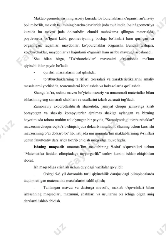 huqurroq ko'rib chiqish juda dolzarb masaladir. shuning uchun kurs ishi mavzusining o‘zi dolzarb bo‘lib, natijada uni umumta’lim maktablarining 9-sinflari uchun fakulteativ darslarida ko‘rib chiqish maqsadga muvofiqdir. ishning maqsadi: umumta’lim maktabining 9-sinf o‘quvchilari uchun “matematika fanidan olimpiadaga tayyorgarlik” tanlov kursini ishlab chiqishdan iborat. ish maqsadiga erishish uchun quyidagi vazifalar qo'yildi: . oxirgi 5-6 yil davomida turli qiyinchilik darajasidagi olimpiadalarda taqdim etilgan matematika masalalarini tahlil qilish; . tanlangan mavzu va dasturga muvofiq maktab o'quvchilari bilan ishlashning maqsadlari, mazmuni, shakllari va usullarini o'z ichiga olgan aniq darslarni ishlab chiqish. i -bob. _ nazariy qism 1.1-§. olimpiada harakatining rivojlanish tarixi olimpiada aslida bir nechta odamlar o'rtasidagi musobaqadir. ma'lumki, birinchi olimpiada miloddan avvalgi 776 yilda qadimgi yunonistonda bo'lib o'tgan va sport xarakteriga ega edi. biroq, vaqt o'tishi bilan odamlar nafaqat jismoniy qobiliyatlarini, balki intellektual qobiliyatlarini ham namoyon qila boshladilar. shunday qilib, turli ilmiy fanlar bo'yicha turnirlar va musobaqalar paydo bo'la boshladi. shunday qilib, arximed muammoni …