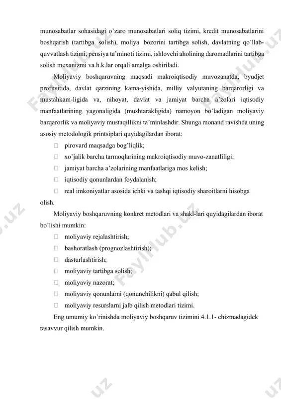 moliyaviy tizim piro- vard maqsad boshqaruv sub’yekt- lari prezident; parla-ment; hukumat; moliya vazirligi; davlat soliq qo’mitasi; markaziy bank; hisob palatasi; va boshqa- lar. boshqaruv printsip- lari; moliyaviy bashorat- lash; moliyaviy dasturlash; moliyaviy rejalash- tirish; moliyaviy tartibga solish; moliyaviy nazorat; moliyaviy qonunchi- lik; moliyaviy tahlil. byudjet fondlarini shakl-lantirish va foyda- lanish bo’- yicha muno- sabatlar; byudjetdan tashqari davlat maqsadli fondlarini shakllan-tirish va foydala- nish bo’yicha munosabat- lar; sug’urta fondlarini shakllan-tirish va foydanish bo’yicha mu- nosabat- lar. makro- iqtisodiy muvo- zanat; byudjet rejala- rining profi- tsitligi; davlat qarzining mavjud emasligi; mustah- kam (barqa- ror) milliy valyuta. moliyaviy boshqaruv tizimi. 2.moliyaviy boshqaruv organlari va ularning vazifalari moliyaviy tizimni umumiy boshqarish mamlakatning oliy hokimiyat va boshqaruv organlari tomonidan amalga oshiriladi. umumdavlat miqyosida moliyaviy boshqaruv tizimi quyidagi boshqaruv organlaridan tashkil topishi mumkin: · prezident; · oliy majlis senati va qonunchilik palatasi hamda moliya, byudjet, soliq va bank masalalari bo’yicha oliy majlis har ikki palatasining tegishli …