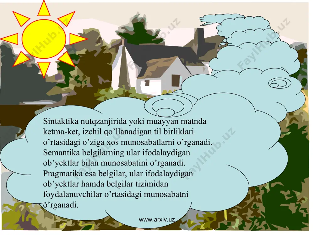 faqat so‘zning tovush kompleksinigina belgi deyish mumkin. www.arxiv.uz www.arxiv.uz so‘zning «ma’nosi»da ham «belgi»ni ko‘rishning har qanday imkoniyatini mutlaqo yo‘qotish kerak. so‘z o‘zining tovush sostavi bilan borliqdagi hodisalarning ongdagi in’ikosi bo‘lgan tushunchalarni ifodalaydi, shu bilan birga, tushunchalarni shakllantirib nomlaydi. demak, so‘z predmetlar kopiyasi ham emas, ularning belgisi ham emas. ilgari lingvistik belgini mutlaqo inkor etgan l.o.reznikov ham keyingi asarlarida bu nazariyani e’tirof eta boshladi va faqat tovush kompleksinigina lingvistik belgi deb hisobladi. www.arxiv.uz www.arxiv.uz u so‘zning tovush tomoni moddiy xarakterga ega bo‘lib, predmetga nisbatan belgi vazifasini bajaradi, deydi. uning ta’kidlashicha, ma’no predmetni bevosita emas, balki bilvosita – tovush tomoni orqali aks zttiradi, chunki borliqning umumlashgan ichki mazmuni faqat ikkinchi signal sistemasi orqali, ya’ni umumlashgan ma’noga ega bo‘lgan tovushlar kompleksini talaffuz va qabul qilish jarayonida vujudga keladigan maxsus fiziologik aloqalar sistemasi orqali amalga oshirilishi mumkin www.arxiv.uz www.arxiv.uz bu konsepsiyaning aktiv tarafdorlaridan biri v.3.panfilovdir. u bir butun til birligini emas, balki faqat uning …