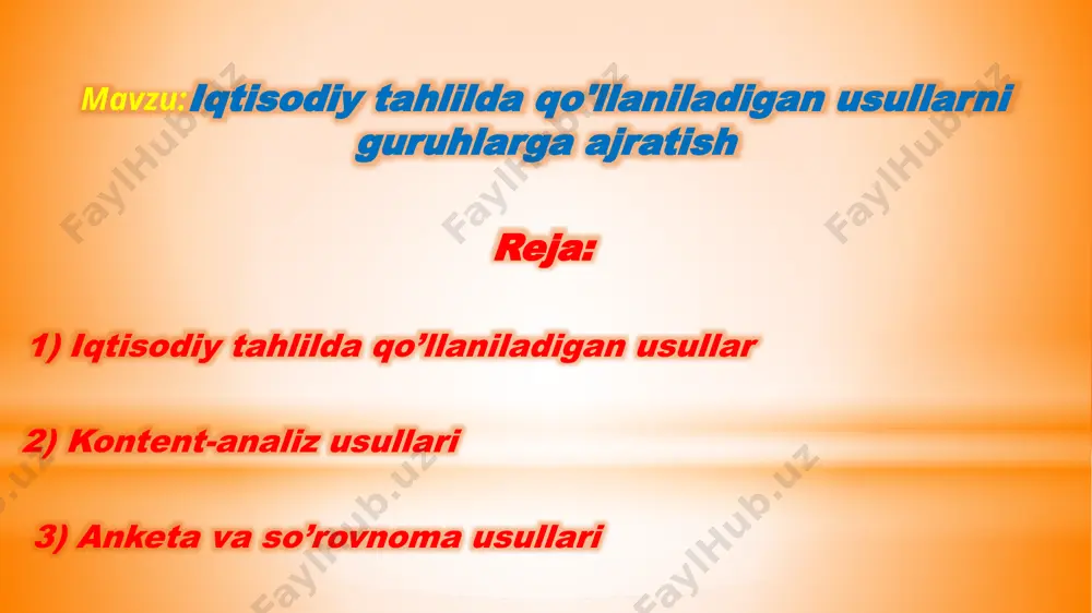 nosini aniqlashda yordam beradi. anketa va so'rovnoma usullari: bu usullar ma'lumotlarni to'plashda va tahlilda ishlatiladi. ko'p kishi tomonidan to'ldirilgan anketalardan olingan ma'lumotlar o'zgaruvchilar orasidagi munosabatlarni aniqlashda yordam beradi. bu guruhlar tahlilning turli bo'limlarini va usullarini aks ettiradi va iqtisodiy tahlil jarayonida foydalanilishi mumkin. raqamli iqtisodiyotning rivojlanishi bilan, yuqorida keltirilgan guruhlardan foydalanishning muhimligi kuchaymoqda. e’tiboringiz uchun tashakkur! image1.png image2.png image3.jpeg image4.jpeg image5.jpeg image6.jpeg /docprops/thumbnail.jpeg
