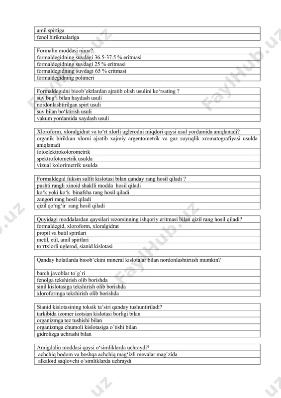 dan ajratib olish usulini ko‘rsating ? suv bug‘i bilan haydash usuli nordonlashtirilgan spirt usuli suv bilan bo‘ktirish usuli vakum yordamida xaydash usuli xloroform, xloralgidrat va to‘rt xlorli uglerodni miqdori qaysi usul yordamida aniqlanadi? organik birikkan xlorni ajratib xajmiy argentometrik va gaz suyuqlik xromatografiyasi usulda aniqlanadi fotoelektrokolorometrik spektrofotometrik usulda vizual kolorimetrik usulda formaldegid fuksin sulfit kislotasi bilan qanday rang hosil qiladi ? pushti rangli xinoid shaklli modda hosil qiladi ko‘k yoki ko‘k binafsha rang hosil qiladi zangori rang hosil qiladi qizil qo‘ng‘ir rang hosil qiladi quyidagi moddalardan qaysilari rezorsinning ishqoriy eritmasi bilan qizil rang hosil qiladi? formaldegid, xloroform, xloralgidrat propil va butil spirtlari metil, etil, amil spirtlari to‘rtxlorli uglerod, sianid kislotasi qanday holatlarda bioob’ektni mineral kislotalar bilan nordonlashtiriish mumkin? barch javoblar to`g`ri fenolga tekshirish olib borishda sinil kislotasiga tekshirish olib borishda xloroformga tekshirish olib borishda sianid kislotasining toksik ta’siri qanday tushuntiriladi? tarkibida izomer izotsian kislotasi borligi bilan organizmga tez tushishi bilan …