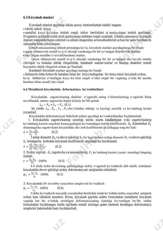 holda. quyida kiryalash turlarini ko‘rib chiqamiz. barabanli kiryalash-simlar, quvurlar yoki profillarni baraban tipidagi stanlarda cho‘ziladi. opravkasiz kiryalash- po‘latdan, rangli metallar va ularni qotishmalaridan yasalgan quvurlarni cho‘zishda foydalaniladi. bu jarayonning bajarishda ish qismining ichki yuzasi kiryalash vaqtida texnologik asbob bilan kontaktda bo‘lmaydi. opravkasiz kiryalash odatda ikkita kirya orqali amalga oshiriladi: birinchisi trubaning markazlash; ikkinchisi - trubaning diametridan siqilishi uchun xizmat qiladi. ba’zi hollarda (kichik diametrli quvurlar) pardozlash jarayoni sifatida ham ishlatiladi. opravkasiz cho‘zishning kamchiligi - trubaning ichki yuzasining sifati pastligi va cho‘zilgandan keyin quvur devorining qalinligidagi katta farqlar bo‘lishidir. sirpanishsiz kiryalash - ko‘p martali kiryalash stanlarida sim ishlab chiqarish jarayonida uning zaxiralari oldingi kiryalar orasida to‘planib qolishi hisobiga barabanlarning sirtiga nisbatan simning sirpanishini yo‘q qiladi. uzun opravka bilan kiryalash - harakatlanadigan deformatsiyalanmaydigan uzun opravkada truba zagotovkani tortish orqali kiryalash. ishlov berish tugallangan so‘ng opravkani quvurdan chiqariladi. qisqa tortish – cho‘zish stanlari staninasida o‘rnatilgan kalta silindrik opravka yordamida zagotovkani ichki yuzalariga ishlov …