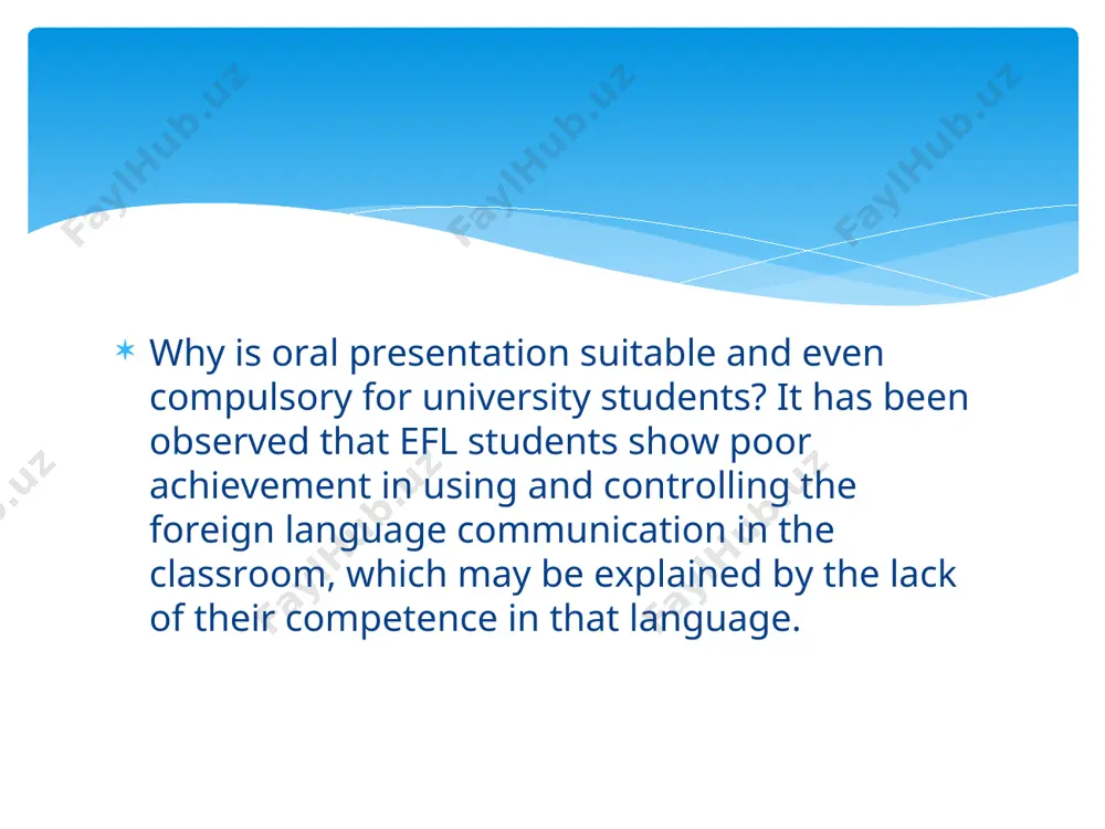 s very important for all students, but especially for the students of teacher training faculties. at the faculty of education in uzbekistan, the students have the english language classes during four semesters: the first and the second semester of the first year, and the fifth and the sixth semester of the third year of their initial studies. during the first year, most of the foreign language teaching is aimed at rewieving the grammar points and at reading and translating the esp texts connected with studentsʼ future profession. because the groups of students are rather large, little time is dedicated to speaking skills. but, during the third year of studies, the groups become smaller and the students are ready to start developing their speaking skills to a greater extent. this is the right moment for the introduction of oral presentations. although in oral presentations speaking is the most important language skill, …