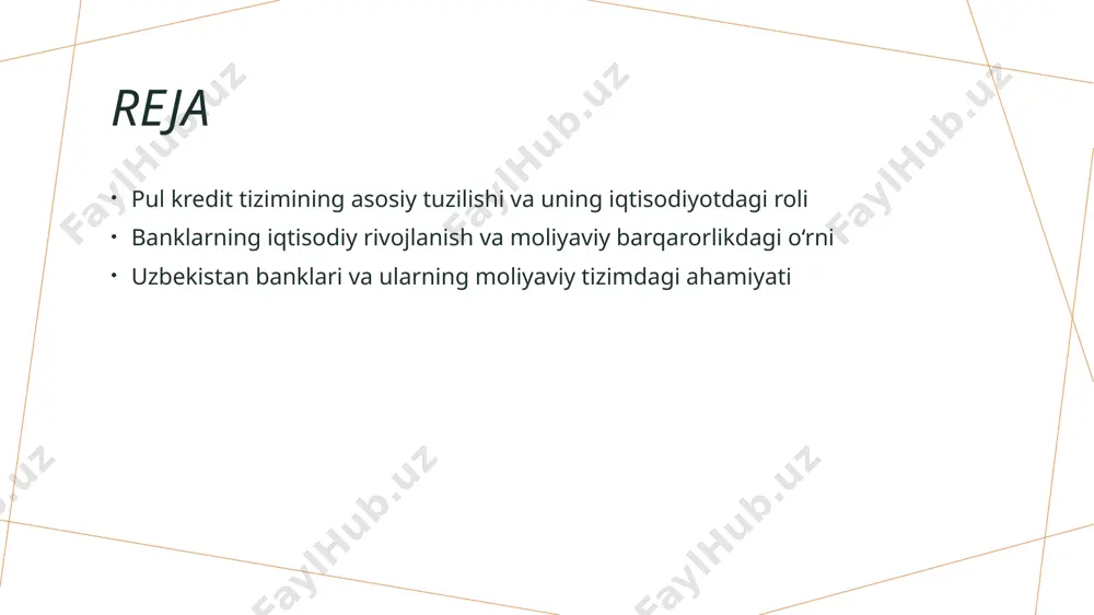 istan banklari va ularning moliyaviy tizimdagi o'rni: tarixiy rivojlanish va hozirgi holat 01 o’zbekiston banklarining tarixi o’zbekiston banklari tarixiy rivojlanishda sovet davridan boshlab mustaqillikka erishgach, yangi moliyaviy institutlar va tizimlarni shakllantirdi. 02 asosiy banklar va ularning roli markaziy bank va tijorat banklari iqtisodiyotni moliyalashtirish, pul-kredit siyosatini amalga oshirish va moliyaviy barqarorlikni ta'minlashda muhim rol o’ynaydi. 03 hozirgi moliyaviy muhit hozirgi davrda o’zbekiston banklari raqamli texnologiyalarni joriy etib, xalqaro standartlarga moslashmoqdalar, yangi xizmatlar va innovatsiyalarni taqdim etmoqda. 04 rivojlanish va muammolar banklar rivojlanishda muhim qadamlar qo’ygan, ammo kredit berish va moliyaviy infratuzilma bilan bog’liq muammolar, bank ishonchliligi va xavfsizlikka tahdidlar mavjud. pul kredit tizimining iqtisodiy o'sishga ta'sir qiluvchi asosiy omillari 1 moliya qobiliyatlari moliya qobiliyatlari iqtisodiy o'sishni qo'llab-quvvatlaydi, banklarning kredit berish imkoniyatlarini oshiradi va yangi investitsiyalarni yo'lga qo'yadi. 2 iqtisodiy muhit barqaror iqtisodiy muhit va inflyatsiya darajasi banklarning kredit siyosatiga ta'sir qiladi, bu esa umumiy iqtisodiy o'sishga to'g'ridan-to'g'ri ta'sir ko'rsatadi. 3 …