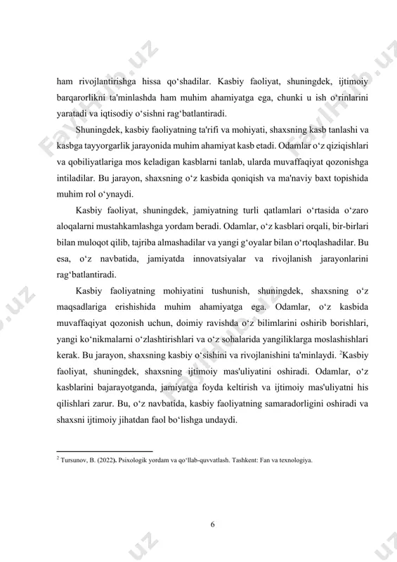 jamiyatning rivojlanishiga hissa qo‘shadi va iqtisodiy o‘sishni ta'minlaydi. bu esa, o‘z navbatida, kasbiy faoliyatning ahamiyatini yanada oshiradi. odamlarning kasbiy faoliyati, shuningdek, o‘zaro hamkorlik va jamoaviy ishlarni talab etadi. ko‘plab kasblarda, shaxslar birgalikda ishlashlari va jamoa sifatida muvaffaqiyatga erishishlari zarur. bu, o‘z navbatida, shaxslarning muloqot qilish ko‘nikmalarini rivojlantiradi va jamoaviy ishning ahamiyatini oshiradi. jamoaviy ish, shuningdek, innovatsiyalarni yaratishda va yangi g‘oyalarni amalga oshirishda muhim rol o‘ynaydi. kasbiy faoliyatning ta'rifi va mohiyati, shuningdek, shaxsning ijtimoiy identifikatsiyasini ham o‘z ichiga oladi. odamlar, o‘z kasblari orqali, jamiyatda o‘z o‘rnini topadilar va o‘zlariga xos ijtimoiy maqomga ega bo‘ladilar. bu, shaxsning o‘zligini anglashiga va ijtimoiy rollarini bajarishiga yordam beradi. kasbiy faoliyat – bu shaxsning o‘z bilim, ko‘nikma va malakalarini qo‘llagan holda amalga oshiradigan faoliyatidir. uning mohiyati, shaxsning rivojlanishi, ijtimoiy mas'uliyat va iqtisodiy barqarorlikni ta'minlashda muhim rol o‘ynaydi. kasbiy faoliyat, shuningdek, shaxsning o‘z qobiliyatlarini rivojlantirish va jamiyatga foyda keltirish imkoniyatini yaratadi. bu jarayon, shaxsning o‘z maqsadlariga erishishida …