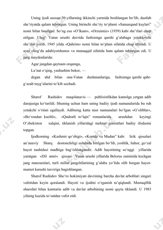 di. adibning katta nasr namunalari bo‘lgan «g’oliblar», «bo‘rondan kuchli», «qudratli to‘lqin” romanlarida urushdan keyingi o’zbekiston xalqini, tiklanish yillaridagi mehnat jasoratlari badiiy ifodasini topgan. ijodkorning «kashmir qo‘shigi», «komde va mudan” kabi lirik qissalari an’anaviy sharq dostonchiligi uslubida bitilgan bo‘lib, yoshlik, bahor, go‘zal hayot nashidasi madhiga bag‘ishlangandir. adib hayotining so‘nggi yillarida yaratgan «dil amri» qissasi vatan urushi yillarida belorus zaminida kechgan jang manzaralari, turli millat jangchilarining g’alaba yo‘lida olib borgan hayot-mamot kurashi tasviriga bagishlangan. sharof rashidov sho‘ro hokimiyati davrining barcha davlat arboblari singari vafotidan keyin qoralandi. hayoti va ijodini o‘rganish ta’qiqlandi. mustaqillik sharofati bilan kamtarin adib va davlat arbobining nomi qayta tiklandi. u 1983 yilning kuzida to‘satdan vafot etdi.