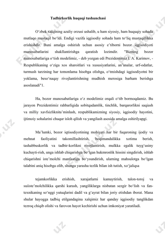 ga tadbiq etilgandagina xalqimiz har qanday iqgisodiy tanglikdan tezroq chiqib olishi va farovon hayot kechirishi uchun imkoniyat yaratiladi. endilikda bozor iqgisodiyoti turli xizmatlar ko‘rsatish, tovarlar iishab chiqarish, ularni ayirboshlash munosabatla-rining barcha soxdarini borgan sari keng qamrab olmoqda. bu jarayon o‘z navbatida har bir fuqarodan tadbirkorlik bilan ish ko‘rishni, tadbirkor faoliyatini tobora rivojlantirib borishni taqozo etmokda. tadbirkor — biznesmenlik faoliyati asosan xviii asrda paydo bo‘lib, ko‘pincha "mulkdor" degan tushuncha bilan teng anglangan. xususan, a. smit biznesmenni foyda olish uchun biron bir tijorat g‘oyasini amalga oshirish maqsadida tavak-kalchilik bilan ish ko‘ruvchi mulkdor, deb ta’riflaydi. tadbirkorning barcha xarakatlari asosan bozor imkoniyat-larini taxlil qilish, undan foydalanish, novatorlik goyalarini amalga oshirishdan iborat bo‘ldi. g‘arbda biznesga foyda olish maqsadini ko‘zlab, xo‘jalik yuritish san’ati, ijodkorlik, tashabbusning erkin namoyon bo‘lishi, navatorlik, xavf-xatarga doim taiyor turish kabi ko‘p qirrali faoliyat deb qaraladi. bizning tafakkurimizda ham tadbirkorlikka nisbatan shu singari tushuncha paydo bo‘lmoqsa. tadbirkorlik bilan shug‘ullanmoqchi bo‘lgan shaxslardan mahorat, zehn, …