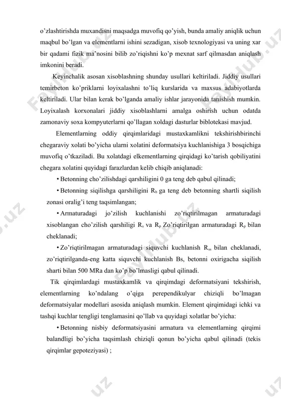 zilish qarshiligi rs va rp zo’riqtirilgan armaturadagi rp bilan cheklanadi; · zo’riqtirilmagan armaturadagi siquvchi kuchlanish rss bilan cheklanadi, zo’riqtirilganda-eng katta siquvchi kuchlanish bs, betonni oxirigacha siqilish sharti bilan 500 mra dan ko’p bo’lmasligi qabul qilinadi. tik qirqimlardagi mustaxkamlik va qirqimdagi deformatsiyani tekshirish, elementlarning ko’ndalang o’qiga perependikulyar chiziqli bo’lmagan deformatsiyalar modellari asosida aniqlash mumkin. element qirqimidagi ichki va tashqi kuchlar tengligi tenglamasini qo’llab va quyidagi xolatlar bo’yicha: · betonning nisbiy deformatsiyasini armatura va elementlarning qirqimi balandligi bo’yicha taqsimlash chiziqli qonun bo’yicha qabul qilinadi (tekis qirqimlar gepoteziyasi) ; · beton va armaturalarning nisbiy deformatsiyalari va o’qli kuchlanishlar orasidagi bog’lanish o’rnatilgan diogrammalar bo’yicha qabul qilinadi; · agar elementlarda yorilishga yo’l qo’yilmasa, betonning cho’zilgan qismi qarshiligini xisobga olish mumkin. bunday chiziqli bo’lmagan modellari vaziyatini amalga oshirish tik kesmlarni sonli integral kuchlanishlar tartibi yordamida amalga oshiriladi. elementlarni yoriqqa bardoshliligini xisoblashda yoriqlarni ochilishi va yopilishini xosil bo’lishini tekshirish ko’zda tutiladi. ular ikkinchi gurux chegara xolati uchun …