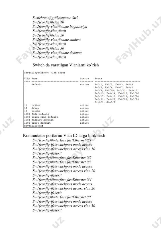 ess 192.168.10.254 255.255.255.0 router(config-subif)#exit router(config)#interface fastethernet 0/1.20 router(config-subif)#encapsulation dot1q 20 router(config-subif)#ip address 192.168.20.254 255.255.255.0 router(config-subif)#exit router(config)#interface fastethernet 0/1.30 router(config-subif)#encapsulation dot1q 30 router(config-subif)#ip address 192.168.30.254 255.255.255.0 router(config-subif)#exit 2 - topshiriq bo`yicha qisqacha nazariy ma’lumot vtp (ingliz. vlan trunking protocol) - lokal hisoblash tarmog`i protokoli bo`lib, tanlangan trank portda vlan haqida axborot almashish uchun xizmat qiladi. vtp – vlan larni dinamik tarzda sinxronizatsiyalash uchun ishlatiladi; 3 xil rejimi mavjud: 1.client – vlan larni o`zgartirish, o`chirish, yaratish mumkin emas; 2.transparent – bunda, switch da sinxronizatsiya amalga oshirilmaydi, switch faqat o`tkazuvchi vazifasini bajaradi; 3. server – vlan bilan istalgan funktsiyalarni bajarish mumkin; vtp serverda vlan yaratiladi clientlar avtomatik serverda yaratilgan vlan larni qabul qiladi. xavfsizlik ta ‘minlash maqsadida bu protokolda client switch vlan yarata olmaydi, faqat foydalanuvchilarni o`zlariga biriktira oladi. tarmoqda qandaydir o’zgarish yuz bersa (masalan yangi vlan qo`shilishi yoki olib tashlash) faqat vtp server orqali amalga oshiriladi. vtp-da uchta xabar turi mavjud: 1. …