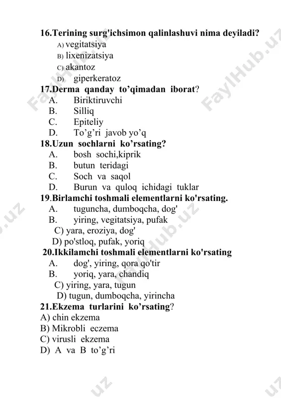 lablar b) tananing barcha qismlarida c) timoq plastinkalarida d) shilliq pardalarda 45.teri nima? a)sezgi organi b)qoplab turadigan a’zo c) himoya qobig'i d) hamma javob to'g'ri 46.epidermisning nechta qavati bor? a)2 qavat b)7 qavat c)3 qavat d)5 qavat 47.xususiy teri qanday to'qimadan iborat? a)muskul to'qimasidan b)epitelial to'qimadan c)silliq to'qimadan d) biriktiruvchi to'qimadan 48.teri osti yog' qavati qaysi qavat bilan uzviy bog'langan? a)epidermis bilan b)xususiy teri bilan c)muguz qavat bilan d)yaltiroq qavat bilan 49.teri sathi harorati a)40° с b)39° с c) 38° с d)37° с 50.teri ph nechiga teng? a) 8 b) 7 c) 5,5 d) 8,5 51.odam tana massasining teri nechi foizini tashkil etadi? a)9% b)10% c) 5% d) 7% 52.odam terisining umumiy sathi necha m ? a) 1,5-2m2 b) 2-2,5m2 c) 3-3,5m2 d) 0 1-1,5m2 53.terida necha foizgacha suv bo'ladi?( kattalarda) a)60-65% b)70-71% c)75-80% d) 30-35% 54.teri orqali karbonat angidrid necha foiz ajraladi? a) 1/85 b) 1/70 c) 1/80 d) …