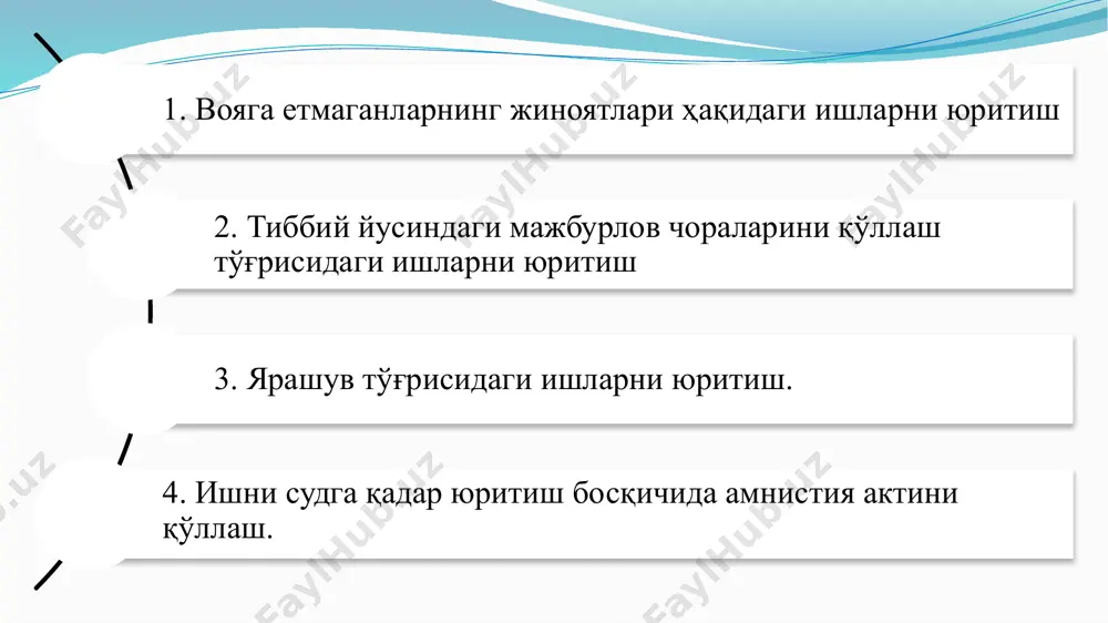 й касалликка чалинган шахсга нисбатан тайинланадиган ва манфаатдор шахс иродасидан катъий назар амалга ошириладиган тиббий даволаш. шахс тузалгандан сўнг жиноят ишини юритиш қайта тикланади ва шахс умумий асосларда жиноий жавобгарликка ёки жазога тортилиши мумкин, башарти жиноий жавобгарликка тортиш муддатлари (жк 64-моддаси) ўтиб кетмаган ёки шахсни жиноий жавобгарлик ва жазодан озод қилиш учун бошқа асослар юзага келмаган бўлса. агар қонунда муайян қилмиш учун жиноий жавобгарлик маъмурий жазо қўлланилгандан сўнг келиб чиқиши белгиланган бўлиб, бироқ уни содир этишда ақли норасо деб топилган шахс муқаддам айнан шундай қилмиши учун маъмурий жавобгарликка тортилмаган бўлса, тиббий йўсиндаги мажбурлов чоралари қўлланилмайди. бундай иш жиноят ҳодисаси бўлмаганлиги сабабли тугатилиши лозим. ҳимоячи қачондан қатнашади? суд-психиатрия экспертизасини тайинлаш ҳақида қарор чиқарилган вақтдан бошлаб ҳимоячининг иштирок этиши шарт. суд муҳокамаси прокурор ва ҳимоячи иштирок этиши шарт музокаранинг охирида ҳимоячи сўзга чиқади. охирги эътироз билдириш ҳуқуқи ҳам унга берилади. етказилган моддий зарарни ундириш масаласи фуқаролик судлов ишларини юритиш тартибида кўриб чиқилиши …