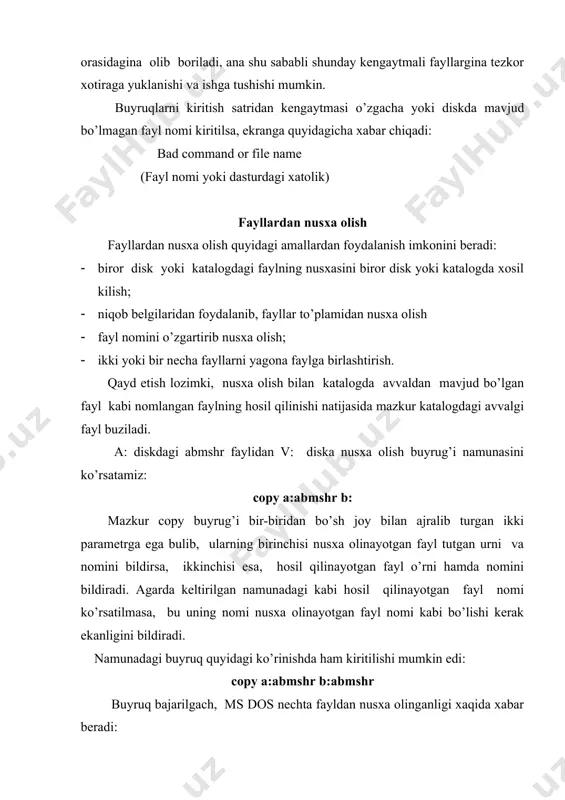 sd buyrug’i yordamida kerakli katologga o’tish va ana shu katologni joriy qilish. katologni dialog tizimi yordamida klaviaturadan quyidagicha hosil qilish mumkin: k: a:g’> (dosni yuklangan holatida turipti.) f: md abmshr ( (enter) (bu yerda md buyrug’i yordamida abmshr nomli katolog hosil qildik.) f: cd abmshr ( f: copy con muhammad ( (klaviaturadan to’g’ridan to’g’ri muhammad nomli fayli hosil qilinadi) k: a:g’abmshr> (abmshr katalogi hosil bo’lganligi va uni ichiga kirib ishlash mumkinligi ko’rinadi) f: "kompyuterni seving va o’rganing"{ctrlqz } (tugmachalari bosiladi) k: matndan keyin ^-belgi bilan fayl yopilganligi ko’rsatiladi. kataloglar bilan ishlash jarayonida disk yoki katalog joriy ekanligini ko’rsatish prompt buyrug’i orqali bajariladi. prompt taklif belgilari orqali har xil katalogga oid o’zgartirishlar qilish mumkin, buyruqdan keyin yoziladigan taklif belgilarining manolari quyidagicha: $p-joriy saqlagich va katalogni ko’rsatib turish: $n-joriy saqlagichni ko’rsatib turish: $d-joriy sanani ko’rsatib turish: $t-joriy vaqtni ko’rsatib turish: $h-chapdagi bir belgini o’chirish: $c-kodi 27 bulgan belgi (esc): $g-">" belgisi. misollar: …