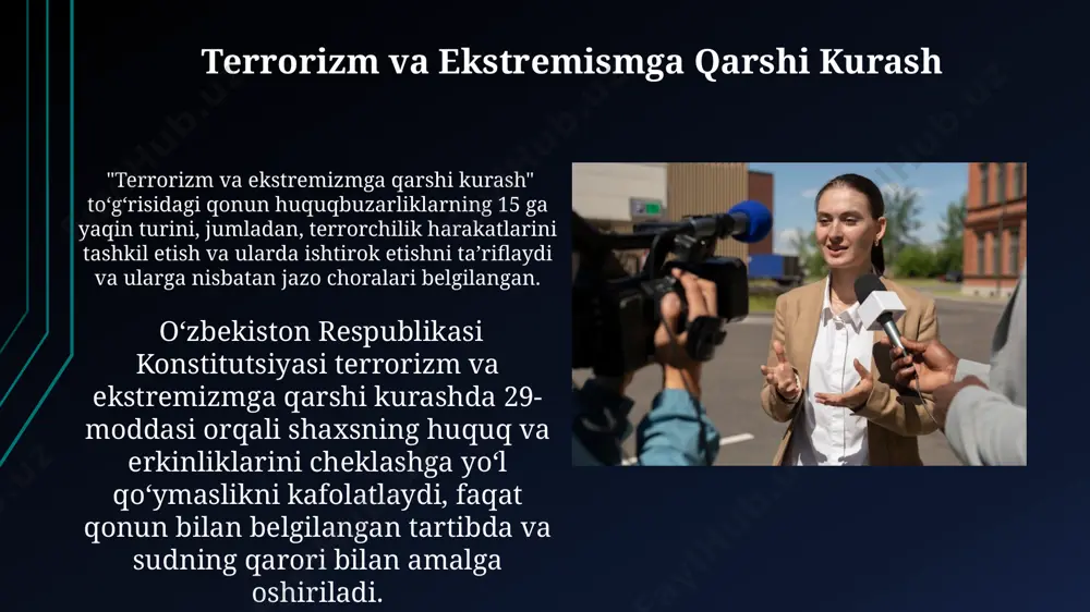 ni himoya qilish oav xodimlari davlat sirlarini oshkor qilganlikda ayblanishi mumkin, bu jinoyat kodeksining 156-moddasiga muvofiq 3 yilgacha ozodlikdan mahrum qilish bilan jazolanadi. davlat sirlarini himoya qilish to'g'risidagi qonun, matbuot va bloggerlarning faoliyatini cheklash orqali, axborotning oshkor etilishini nazorat qilish va milliy xavfsizlikni ta'minlashga qaratilgan. axborot monopoliyasi va raqobat axborot monopoliyasiga qarshi kurashda adolatli raqobatni taʼminlash uchun 5 dan ortiq telekanal yoki radioeshittirish vositasiga egalik qilish taqiqlanadi. oʻzbekistonda ommaviy axborot vositalariga egalik qilish boʻyicha 3 dan ortiq litsenziya olishga ruxsat berilmaydi, bu raqobatni cheklashga va monopoliyani oldini olishga qaratilgan. axborotga kirish huquqi blogerlar ham jurnalistlar singari axborot tarqatishda 1 ta asosiy tamoyilga rioya qilishlari shart: haqiqatga mos kelishi va tartib buzuvchi ma’lumotlarni tarqatmasliklari lozim. matbuot va ommaviy axborot vositalarining faoliyati davlat tomonidan nazorat qilinmaydi, lekin ularning qonun hujjatlariga rioya qilishi ta’minlanadi, 3 ta asosiy qoidaga amal qilish majburiy hisoblanadi. oav, jurnalistlar va bloggerlarga oid konstitutsiyaviy qoidalar 1-modda va 25-moddaga ko'ra, …