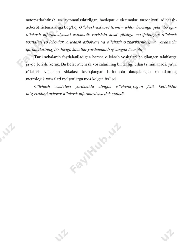 ng bir xilligi bilan ta’minlanadi, ya’ni o‘lchash vositalari shkalasi tasdiqlangan birliklarda darajalangan va ularning metrologik xossalari me’yorlarga mos kelgan bo‘ladi. o‘lchash vositalari yordamida olingan o‘lchanayotgan fizik kattaliklar to‘g‘risidagi axborot o‘lchash informatsiyasi deb ataladi. 1000 1 km/soat==0,278 m/s 3600 10001 km/soat==0,278 m/s3600
