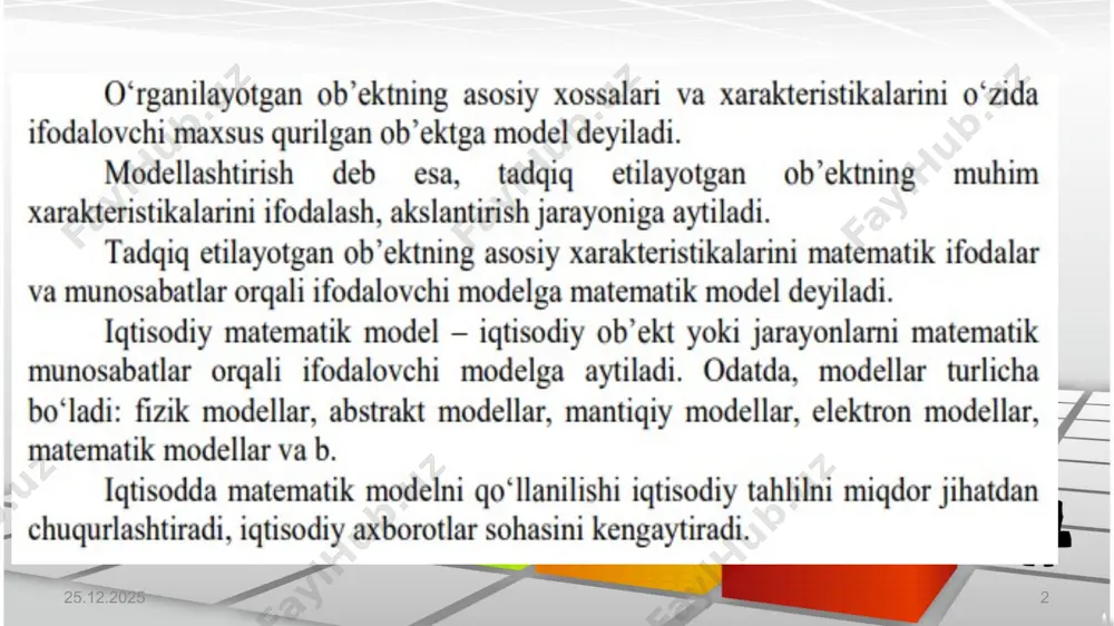 изимини тузиб ечиш йўли билан аниқланади: 01.05.2023 30 na0 + a1t =  y a0  t + a1  t2 =  yt 01.05.2023 31 иккинчи тартибли парабола кўринишидаги тренд тенгламаси қатор кўрсаткичлари ўртасидаги иккинчи тартибли фарқлар, яъни биринчи даражалардан ҳисобланган иккинчи фарқлар деярлик бирдай ёки унга яқин даражада бўлса, вақт функцияси сифатида уларни иккинчи тартибли парабола кўринишида талқин этиш мумкин. бу ҳолда қатор даражалари дастлаб жадал суратлар билан ортиб, маълум вақтдан сўнг ўсиш суратлари сусайиб боради ва охирги даврларда мутлақ камайиш кузатилади. натижада, тренд тенгламаси қуйидаги шаклда уt а0  а1t  а1t 2 ифодаланади. унинг номаълум кўрсаткичлари а0, а1 ва а2 кичик квадратлар усулига биноан нормал тенгламалар тизими орқали аниқланади, яъни 01.05.2023 32 нормал тенгламалар тизими 01.05.2023 33 даврий тебранишларни ўрганиш цикл грекча сўзидан келиб чиқиб, доира деган луғавий маънога эга. цикл - бу узоқ вақт ичида такрорланиб турадиган ҳодиса ва жараёнларнинг ҳар бир даврасидир. демак, доиралар …