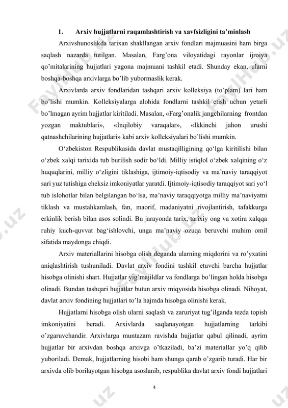 xronologik tartibda barcha qabul qilingan hujjatlar qayd etiladi. kitobda tartib bilan qabul qilingan hujjatning nomi, uning qachon va kim tomonidan qabul qilinganligi, hujjatning sanasi, hajmi va holati, qaysi fondga qo’shilganligi yoziladi. qabul qilingan hujjatlar kitobi asosida yil davomida arxivga topshirilgan yangi fond va yig’majildlar haqida aniq ma’lumot olish mumkin bo’ladi.[footnoteref:1] [1: alimov i va b. arxivshunoslik. toshkent, 1997.] fondlar ro’yxati. har bir arxivda saqlanayotgan fondlarning tartib bilan yozilgan ro’yxati bo’ladi. mazkur ro’yxatga muvofiq arxivga qabul qilingan har bir fondga tartib raqami beriladi. bu raqam boshqa fondlarga berilishi mumkin emas. inqilobdan oldingi, sovet davri va mustaqillik davri hujjatlari birga saqlanayotgan arxivlarda (masalan, o’zr mda) bu uchta guruh uchun alohida-alohida fondlar ro’yxati mavjud bo’ladi. sovet davri fondlarining tartib raqami oldidan «r» harfi, mustaqilik davri hujjatlari uchun «m» harfi qo’yiladi (masalan, r-1, r-2, r-3; m-1, m-2, m-3 va hokazo). boshqa arxivlarda fondlar ro’yxati yagona tartibda tuziladi. fondlar ro’yxatida fondning tartib raqami, boshlangan yilidan …