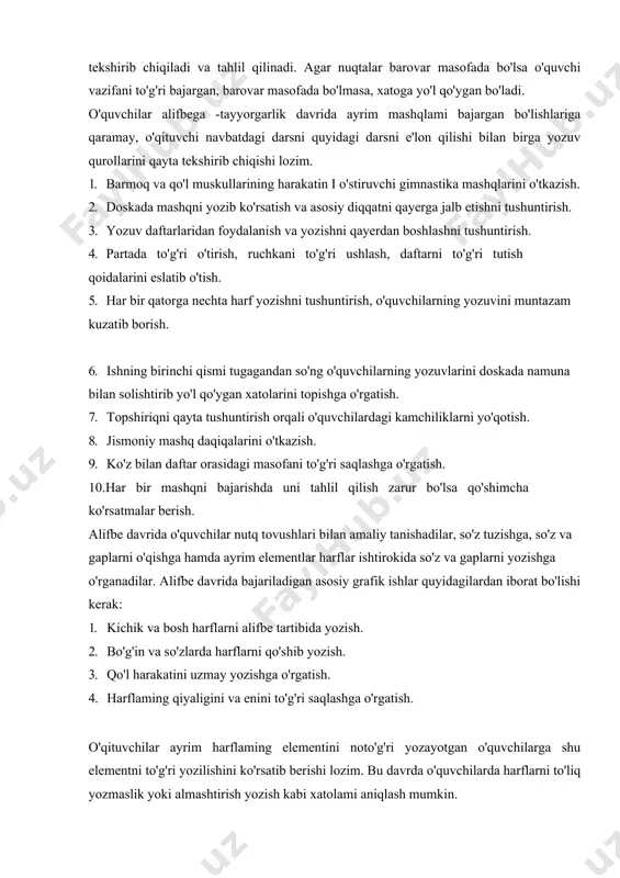 a so'zlarda harflarni qo'shib yozish. 3. qo'l harakatini uzmay yozishga o'rgatish. 4. harflaming qiyaligini va enini to'g'ri saqlashga o'rgatish. o'qituvchilar ayrim harflaming elementini noto'g'ri yozayotgan o'quvchilarga shu elementni to'g'ri yozilishini ko'rsatib berishi lozim. bu davrda o'quvchilarda harflarni to'liq yozmaslik yoki almashtirish yozish kabi xatolami aniqlash mumkin. alifbedan keyingi davrda chiroyli yozuv darslarini tashkil etish. yuqoriga ko'rdatib o'tilganidek, o'quv yilining iv choragidan boshlab haftada bir marta husnixat uchun alohida dars soati ajratiladi. bu davr bolalarning yozuv malakalari shakllanishida muhim rol o'ynaydi, chunki husnnixat mashqlari ona tili darslari bilan bir vaqtda olib boriladi. ammo alifbedan keyingi davrda yozuvga o'rgatish sharoiti biroz o'zgaradi chunki, o'quvchilar endi yozuv daftariga emas balki oddiy ikki chiziqli daftarga yozib mashq qiladilar. ular endi ko'proq o'qituvchi tomonidan ko'rsatilgan yozuvga tayanadilar. bu davrda chiroyli yozuv darslarining rejasini quyidagicha tuzish mumkin: birinchi dars. kichik va katta i e, sh, sh, l,l ,m, m harflarini taqqoslab yozish, shu harflar ishtirokida so'z …