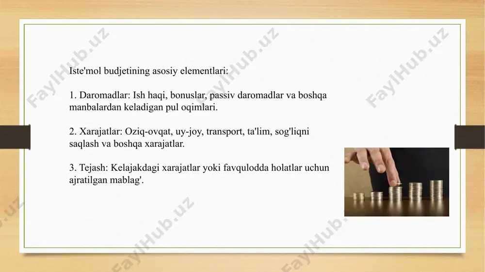 ish berishicha, mazkur ko‘rsatkichdan moddiy va boshqa ijtimoiy ko‘maklarga muhtoj aholining maqsadli guruhini aniqlash mumkin. kambag‘allikka qarshi kurashish strategiyasi va dasturlarida belgilangan vazifa va choralarning natijadorligi va manzilliligi oshirilib, ularning doimiy monitoringi yuritiladi. shuningdek, pensiyalar va nafaqalarning eng kam miqdorini belgilash hamda kambag‘al oilalarga beriladigan boshqa turdagi moddiy ko‘maklarni ko‘rsatishda mezon sifatida foydalaniladi. e’tiboringiz uchun rahmat! image5.png image6.png image7.jpeg image8.jpeg image9.jpeg image10.jpeg image3.png image4.png /docprops/thumbnail.jpeg