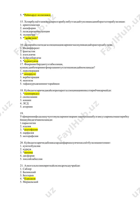 opsiya 4. poliopiya 5. metamorfopsiya 25. xotiraningkupolbuzilishlari, xotiraningaldanishlarikandaynomlanadi: 1. *paramneziya 2. gipermneziya 3. amneziya 4. skotomiaziya 5. gipomneziya 26. 1. katalepsiya 2. gebefreniya: a. exolaliyab. bemanikiliklarv. mimikavaaffektdissotsiatsiyasi g. kutaringankayfiyatd. impulsivlik 1. bg/avd 2. ad/bvg 3. *avd/bg 4. bd/avg 5. ga/bvd 27. alkogollideliriysiborbemorxonadajudakupbirxildagishaytonlarnivakichikodamlarnikurayapti. gallyutsinatsiyaningturinianiklang: 1. *poliopik 2. kalbaum 3. deyteroskopik 4. adelomorf 5. gemianoptik 28. vasvasaxosilbulishninguchinchiboskichikaysi? 1. vasvasaningkristallanishi 2. *talkin vasvasasi 3. tizimlashish 4. vasvasaliidrok 5. vasvasalikayfiyat 29. bemoruzxaraktlarinivakiliklarinibegonalashtirayapti, “begonaodamkilayapti”deyapti. bukandaysimptom ? 1. assotsiativavtomatizm 2. mentizm 3. *kinestetik avtomatizm 4. oshkoraliksimptomi 5. senestopatikavtomatizm 30. ikkitakarma-karshitilakvaistaklarningbirvaktdamavjudbulishikandaynomlanadi? 1. parabuliya 2*.ambivalentlik 3. ruxiyanesteziya 4. noadekvatlik 5. ambitendentlik 31. psixoorganiksindromkuprokuchraydi: 1. bolalarda 2. kattalarda 3. *kariyalarda 4. erkaklarda 5. ayollarda 32. uziningbarmoklarinivatilinisurishpatologikodatbulibkolishikandaynomlanadi: 1. onixofagiya 2. *xeylomaniya 3. trixotillomaniya 4. poriomaniya 5. nevrotiktik 33. ongningxiralashuviningumumiybelgilarigakirmaydi: 1. *soporoz xolat 2. atrofmuxitdanmaxrumlik 3. tafakkurningbuzilish 4. allopsixikoirentirovka 5. vokelarnieslabkolishnibuzilishi 34. ogriknisezishyukolsa, temperaturanisezishyukolsa, lekinpropritsetivsezishsaklansa, bukandayanesteziyadebnomlanadi: 1. isterik 2. partsial 3. *dissotsiatsiyalashgan 4. segmentar 5. ildizli 35. bemorningfakatma'lumvaktdagivokealarnieslayolmasligidaniboratturgunxotirabuzilishi: 1. *statsionar amneziya …