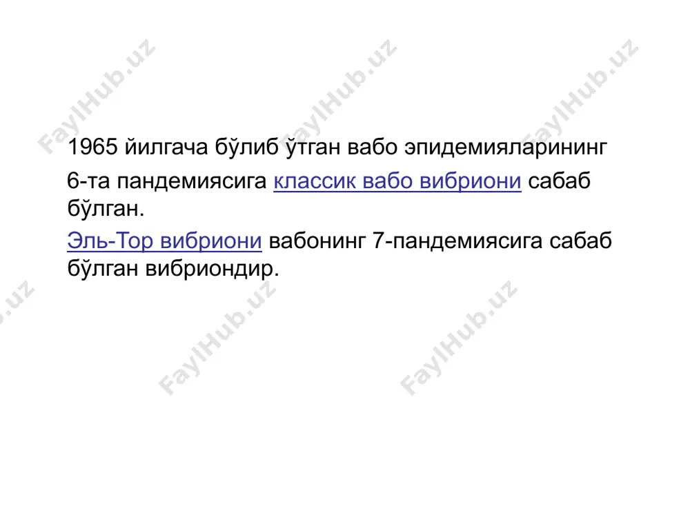 туфайли организмдан кўп калий йўқолади, натижада ичак атонияси, юрак аритмияси, гипотония ва юрак тўхташининг келиб чиқишига сабаб бўлади. естественный барьер кишечника – это слизистая оболочка + сильная перистальтика - эти защитные барьеры должны защищать от чужеродных веществ. но, холерный вибрион наделен рядом специфических свойств, который позволяет ему преодолеть защитную систему кишечника. клиника различают: инкубационный период начальный период разгар болезни угасание симптомов болезни реконвалесценция клиника заболевание как правило развивается внезапно, без продромального периода, сопровождается поносом, затем через несколько часов присоединяется рвота с нарастающим обезвоживанием. рвота фонтаном, характеризуется отсутствием тошноты, и она не приносит облегчения. рвотные массы в начале содержат остатки пищи, затем примесь желчи, затем жидкость в виде «рисового отвара». стул уже через 1-2 акта дефекации теряет каловый характер. испражнения становятся водянистыми, бесцветными, с примесью мелких хлопьев типа «рисового отвара». характерно отсутствие болевых ощущений в животе. идет усиленная перистальтика, звучное и постоянное урчание в животе, дефекация безболезненная. озноб не характерен. афония. …