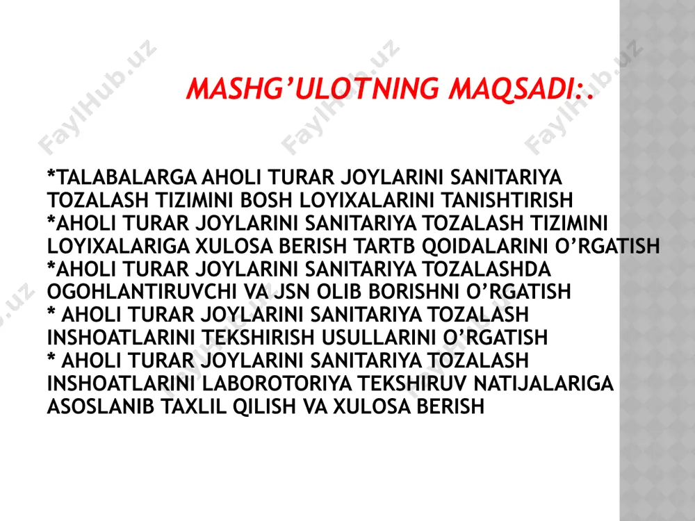 anitar jurnalining mavjudligi. mashg’ulotda qo’llaniladigan yangi pedagogik texnologiya: mavzu yoki muammo qattiq maishiy chiqindilar suyuq chiqindilar ishning natijasi nazorat uchun savollar: aholi turar joylarini sanitariya tozalashda sanitariya shifokorining jsndagi vazifalari sanotariya tekshiruv o’tkazish uchun kerak bo’ladigan ma’lumotlarni ko’rsating tuproq muhitini muxofazalash va aholi turar joylarini sanitariya tozalash gigiyenasi bo’yicha qonuniy-meyoriy xujjatlarni ayting sanitariya tekshiruv o’tkazilganda to’ldiriladigan xujjatlarni ko’rsating sanitar-gigiyenik va sanitar-epidemiologik qoida va meyorlar buzilganda to’ldiriladigan xujjatlarning ketma-ketligini ko’rsating adabiyotlar. o’zbekiston respublikasi “davlat sanitariya nazorati to’g’risidagi qonun” toshkent-1992. “gigiena” demidenko n.m. taxriri ostida 2002 y “uzbekiston respublikasida atmosfera xavoni muxofazalash va axoli salomatligi ” sh.t.iskandarova toshkent-2000 y “kommunal gigiena amaliy mashgulotlar uchun kullanma” e.i. goncharuk moskva-1990y “kommunal gigiena fanidan amaliy mashgulotlar uchun qo’llanma” t.i. iskanadarov tahriri ostida. toshkent-1994 y. “kommunal gigiena” darslik sh.t.otaboev, t.i.iskandarov toshkent-2004y. “kommunalnaya gigiena”. pod redaksii e.i. goncharuk. kiev-2007g. “kommunalnaya gigiena”. pod redaksii m.a.mazaev. moskva-2005g. qo’shimcha adabiyotlar. - ma’ruza matnlari - qmq “shaharsozlik” - san q va …